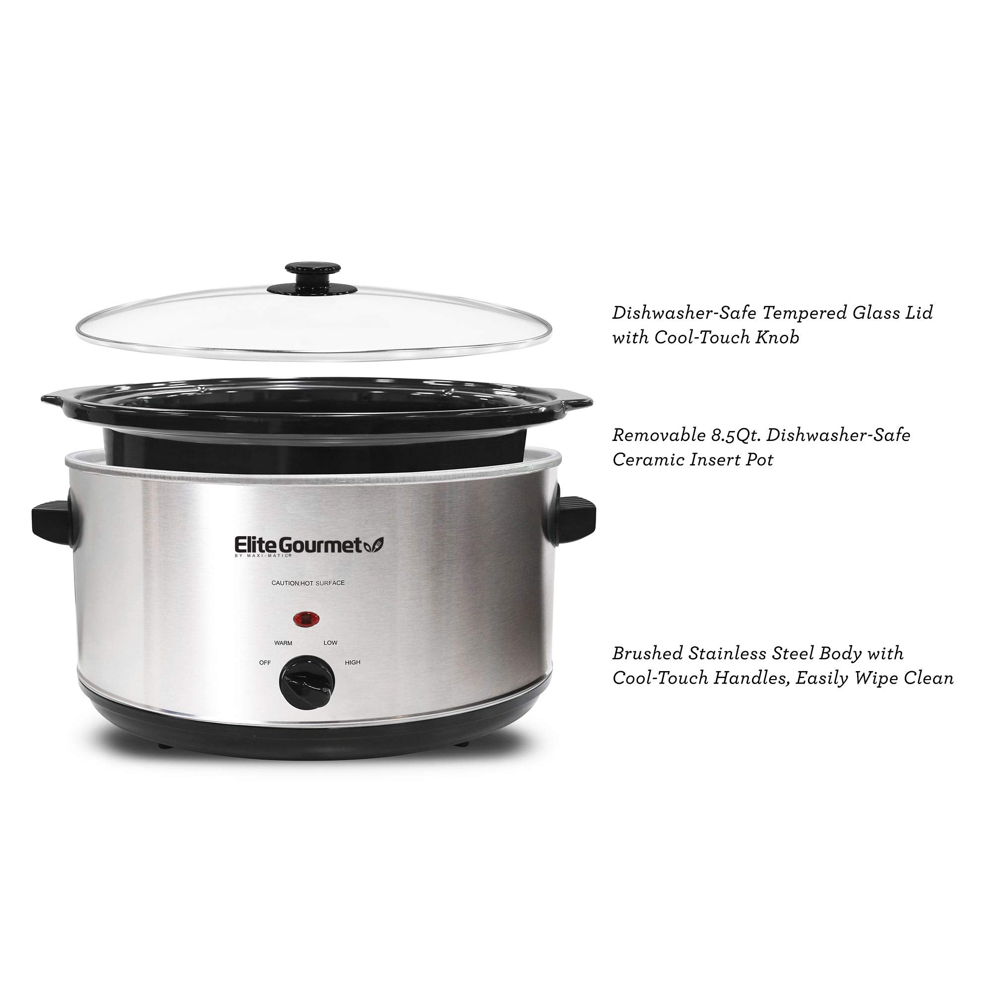 Elite Gourmet Stainless Steel Slow Cooker, 8.5 Quart, Dishwasher-Safe, Model MST-900V, Removable Stoneware Pot, Cool-Touch Handles