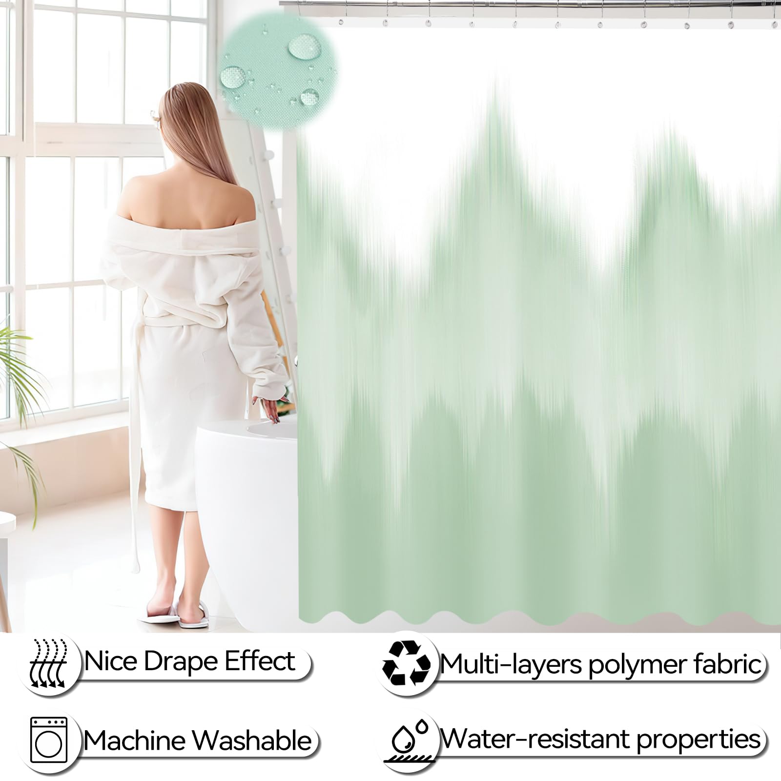 Imucci Bathroom Accessories Green Bathroom Sets With Shower Curtain And Rug, Green Ombre Waterproof Shower Curtain With Ultra Ab