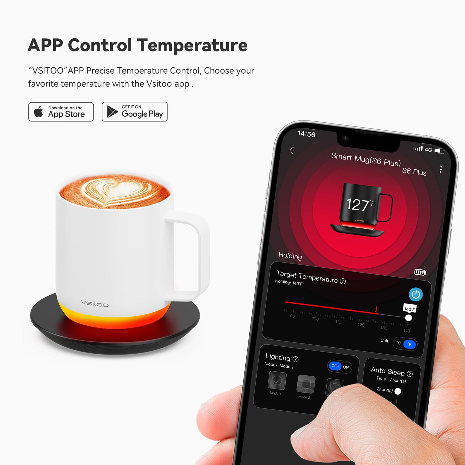 Vsitoo S6 Plus Smart Mug,Self Heating,Emperature Control Heated Coffee Mug App Controlled Smart Rgb Lightsync Warmer Mug (White)