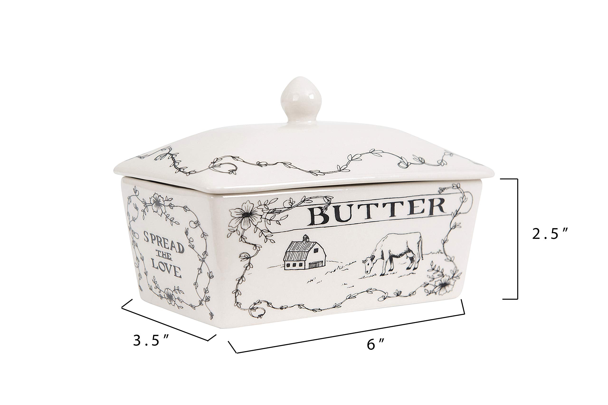 Creative Co-Op Country Stoneware Butter Dish With Lid, ''Spread The Love'' Message, And Farm Line Drawing, White And Black