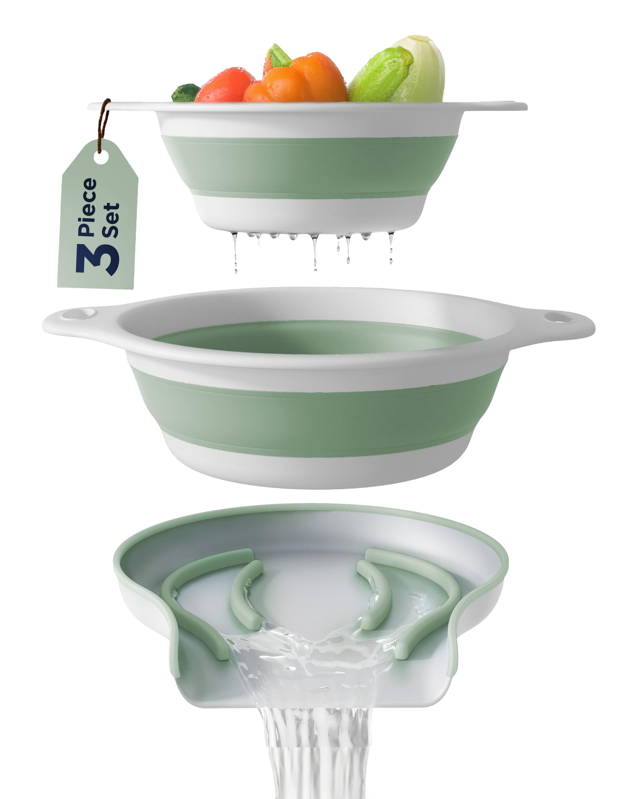 Collapsible Colanders (2 Pack Set) Food Strainers with Over-Sink Water Draining Base for Pasta Fruits and Vegetables (4 and 5 Qu