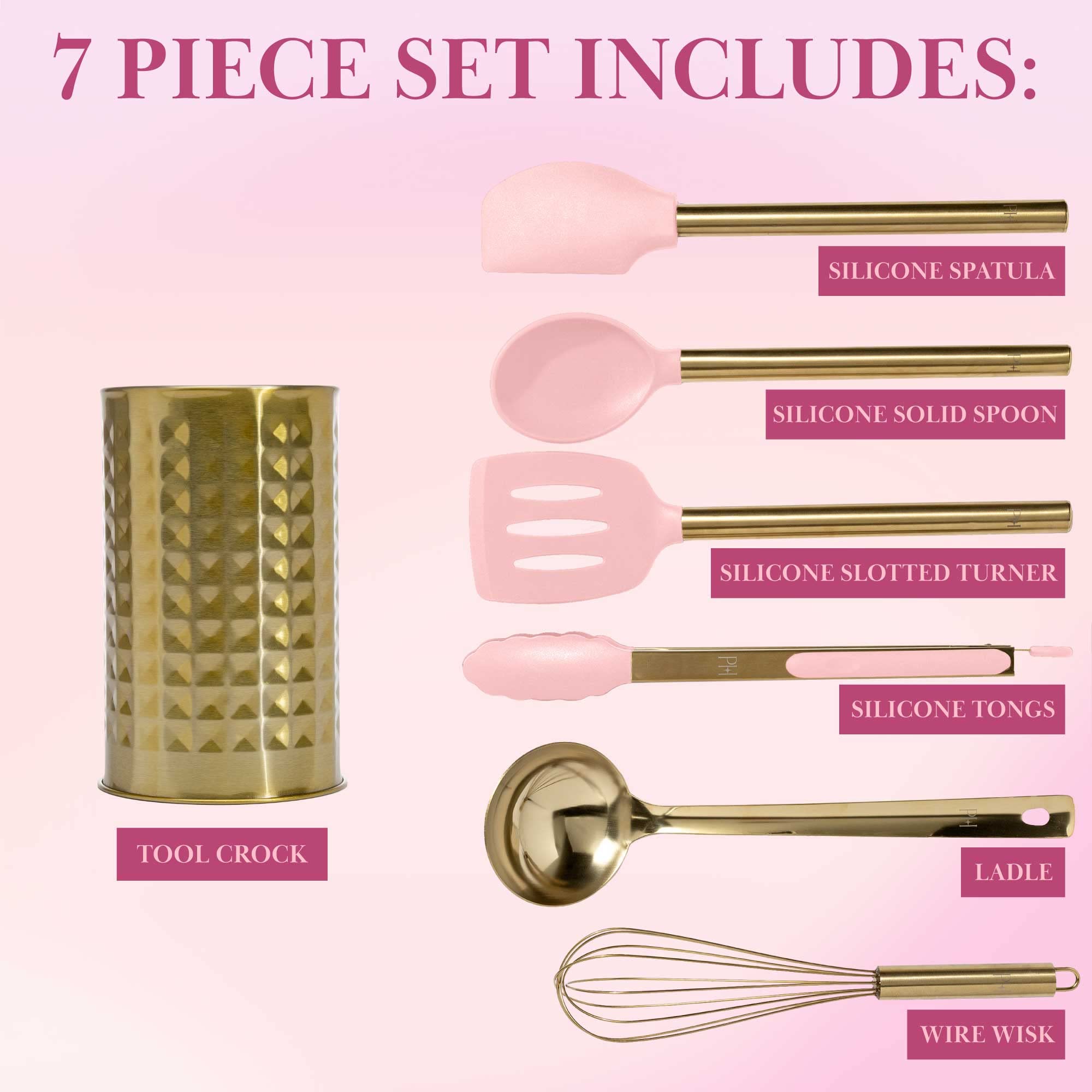 Paris Hilton Kitchen Set Tool Crock With Silicone Cooking Utensils, Stainless Steel Whisk And Ladle, 7-Piece, Pink And Gold