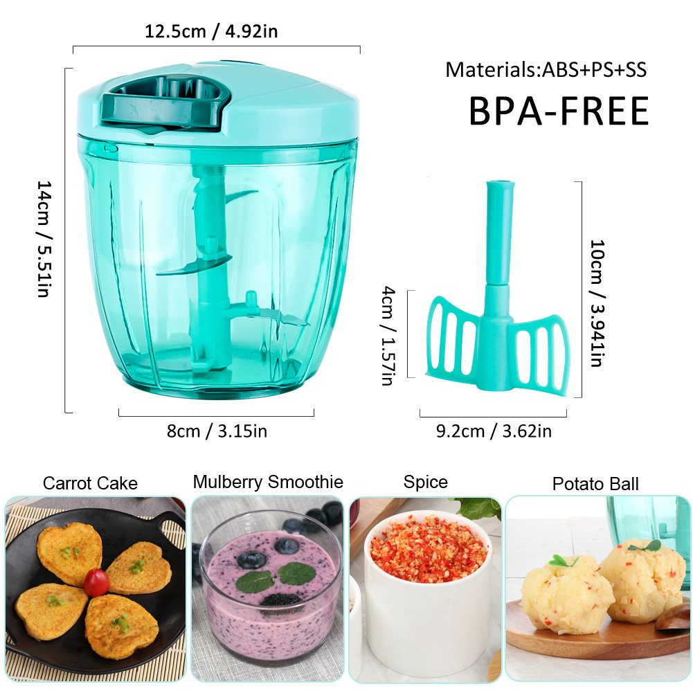 Ourokhome Manual Chopper Food Processor - Vegetable Masher For Onion, Garlic, Parsley With 5 Blades (Teal, 900Ml)