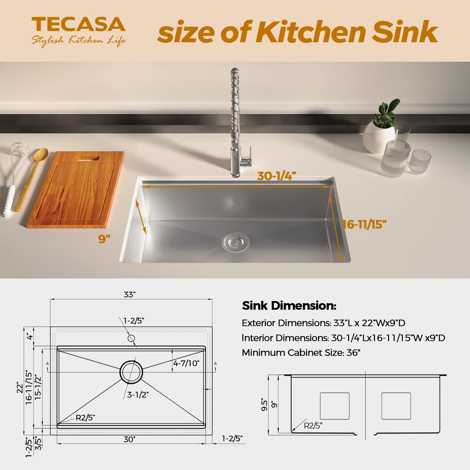 Kitchen Sink Workstation, Tecasa 33 Inch Kitchen Sink With Faucet Combo, Dual Mount Drop In Sink Single Bowl Stainless Steel Met