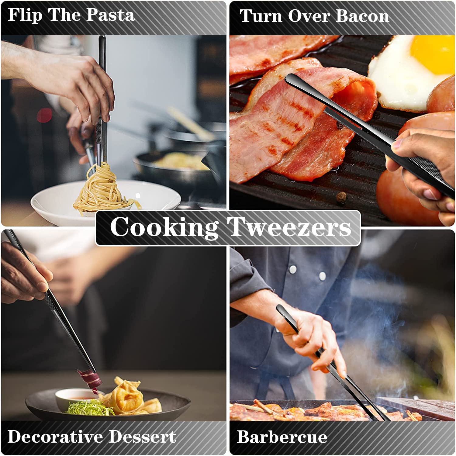 Jetkong 2 Pcs 12-Inch Kitchen Tweezers Tongs With Precision Serrated Tips, Stainless Steel Chef Tweezer Professional Cooking Twe
