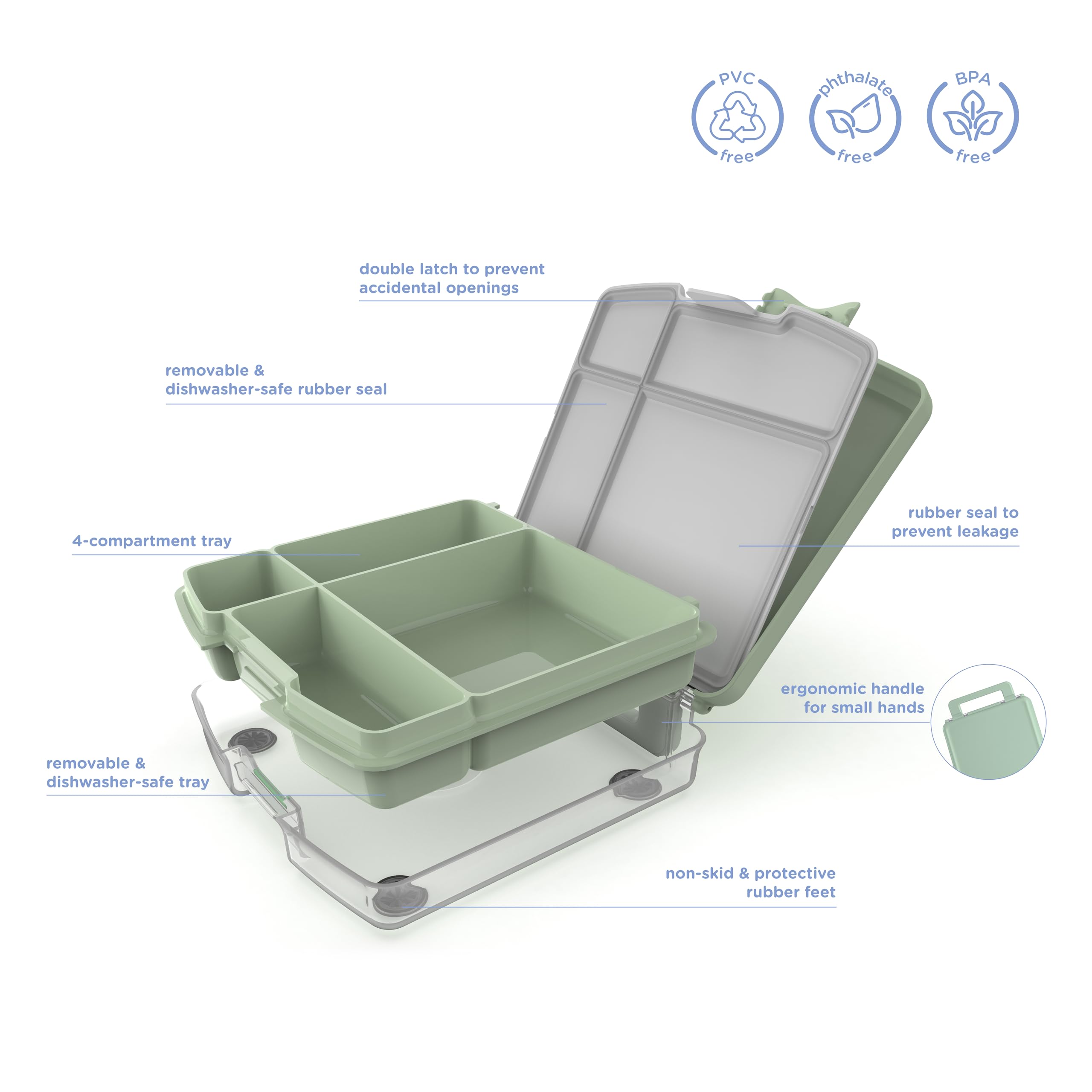 Ubbi Bento Lunch Box For Kids Back To School With 4 Compartments, Bpa-Free, Leakproof, Dishwasher Safe, Food-Safe Material, Port
