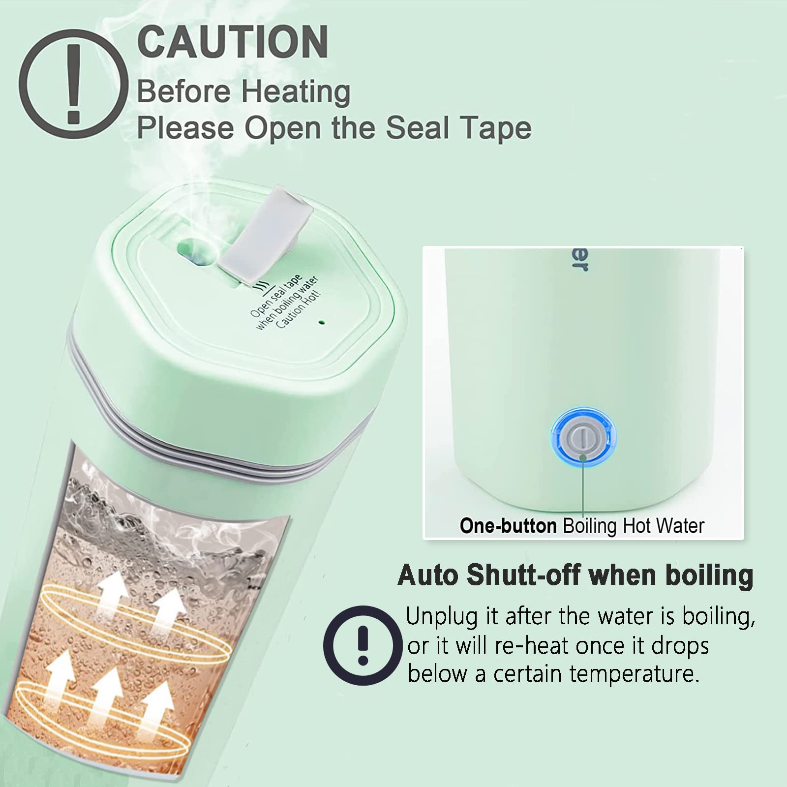 Conyee Electric Travel Kettle, Portable Mini Boiler, 350ml, Green, Stainless Steel Interior, Fast Boiling Water, One Cup Size