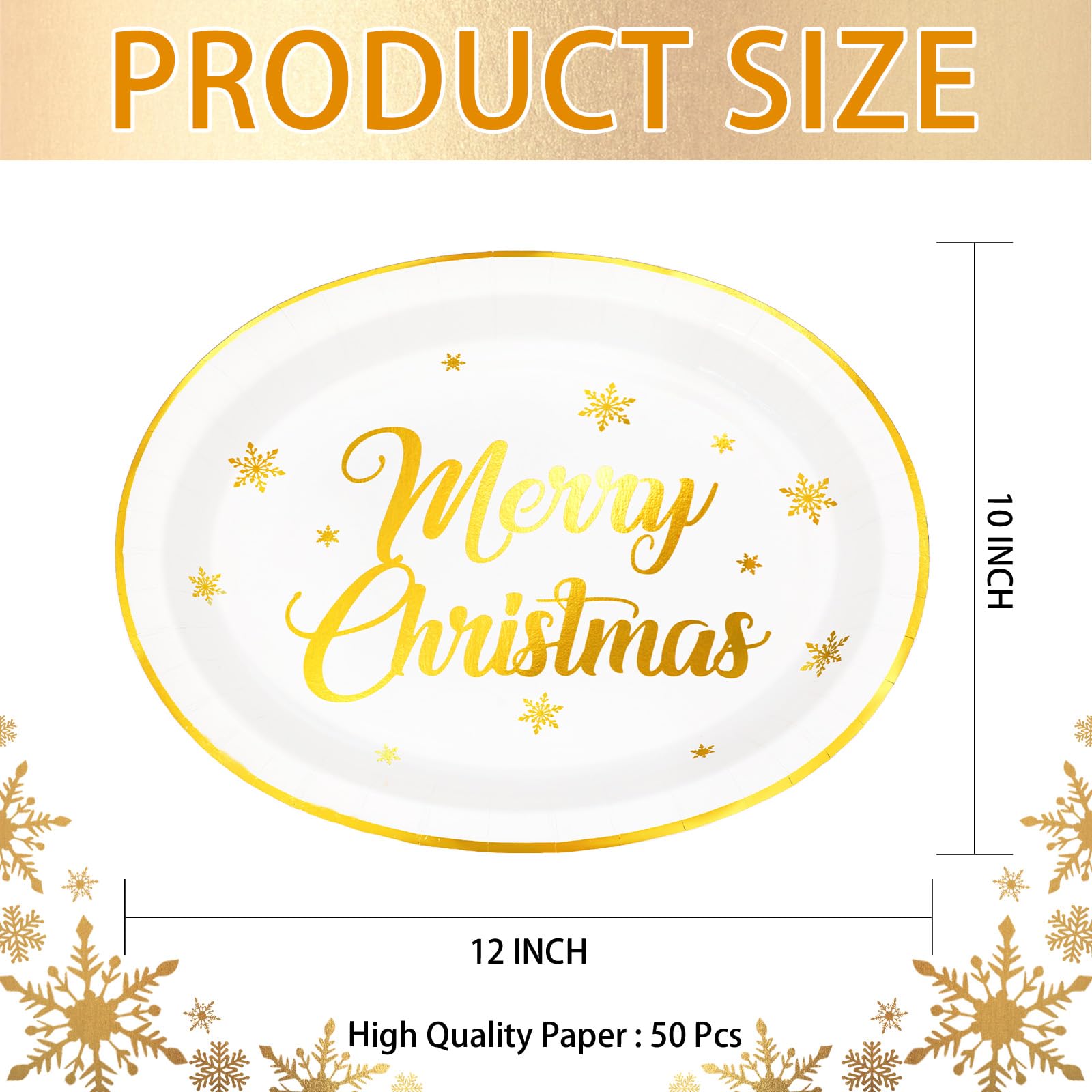 Grencian 50Pcs Gold Foil Oval Paper Plates, 10"x12", Heavy Duty Disposable Dessert Platters for Christmas & Winter Parties