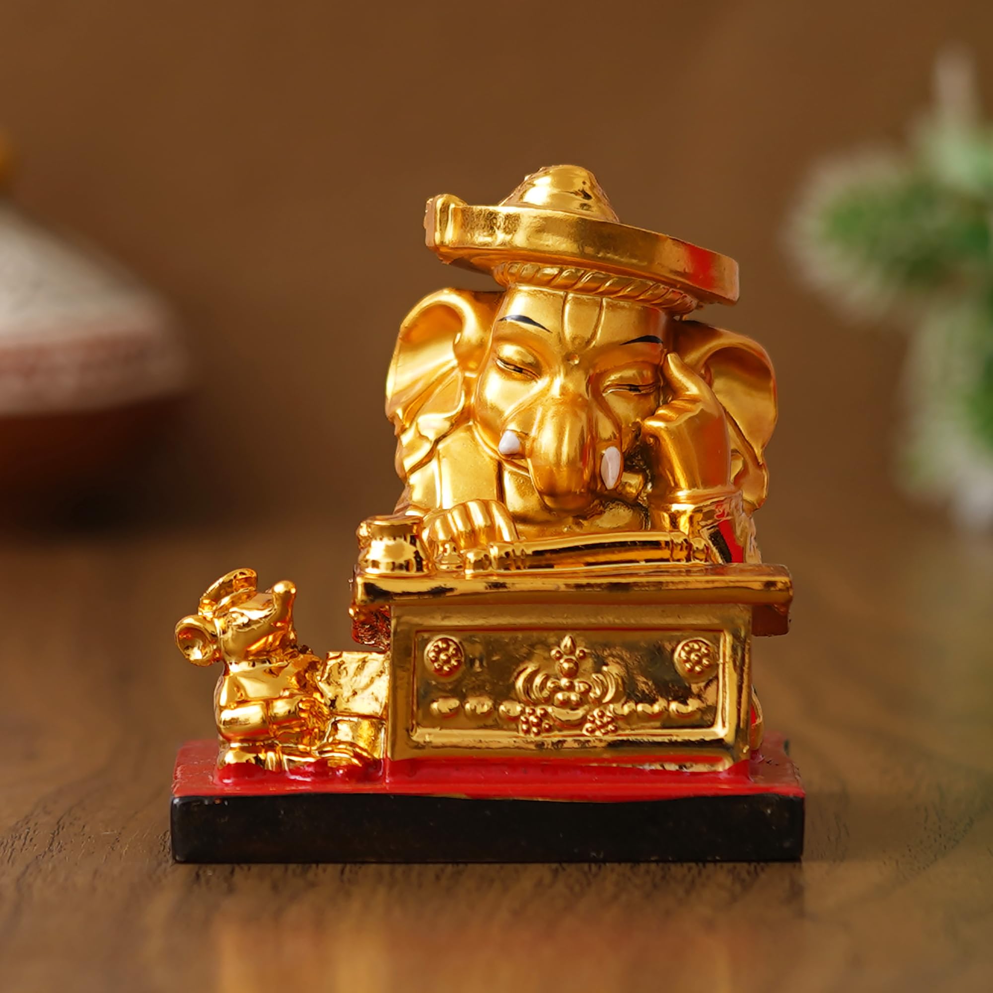 Ecraftindia Golden Resin Munim Lord Ganesha Statue | God Idol For Office, Shop, Study Table, Home Temple, Car Dashboard | Ideal