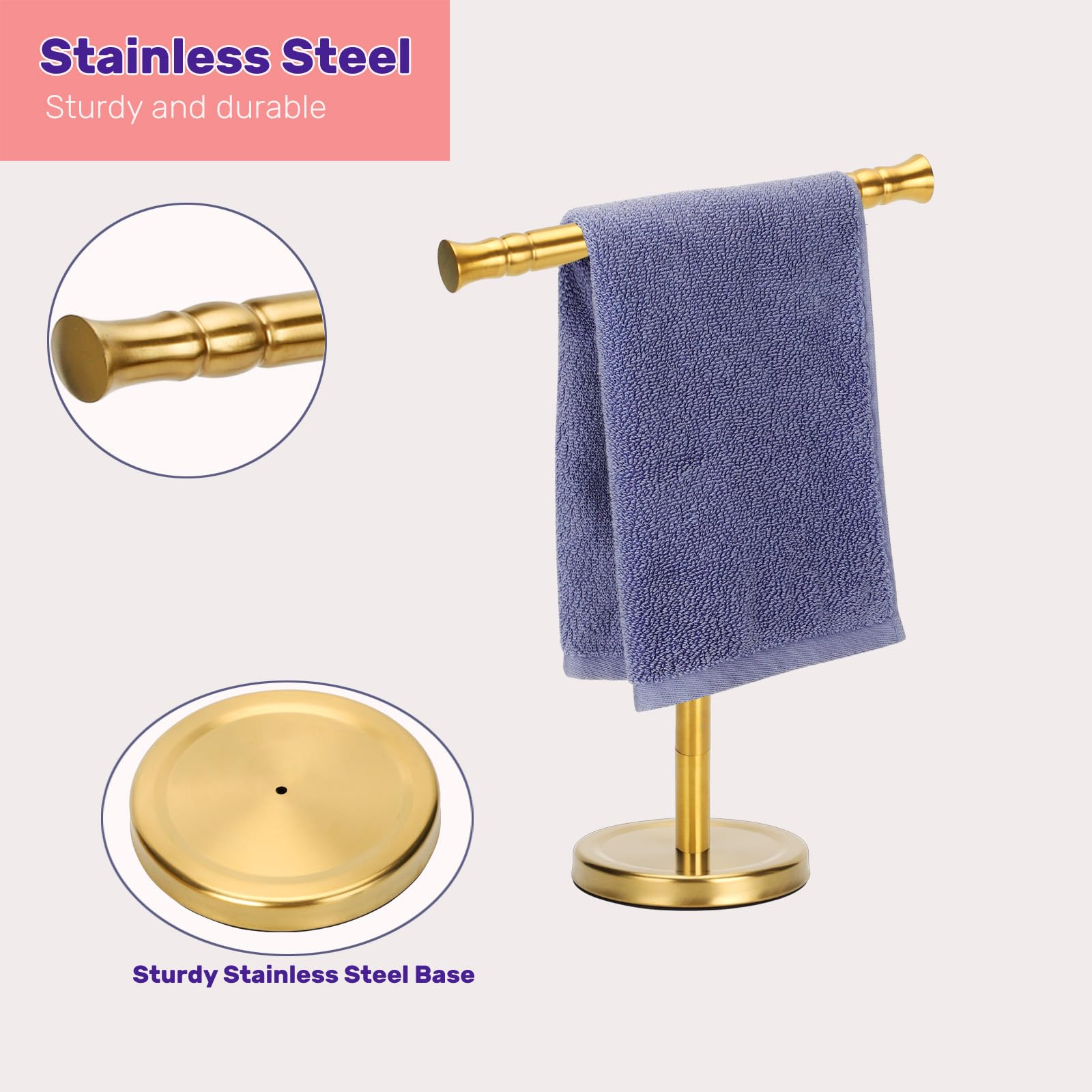 Sfemn Gold Hand Towel Holder Stand For Bathroom Vanity Countertop Sus304 Stainless Steel T-Shape Free Standing Towel Rack Stand