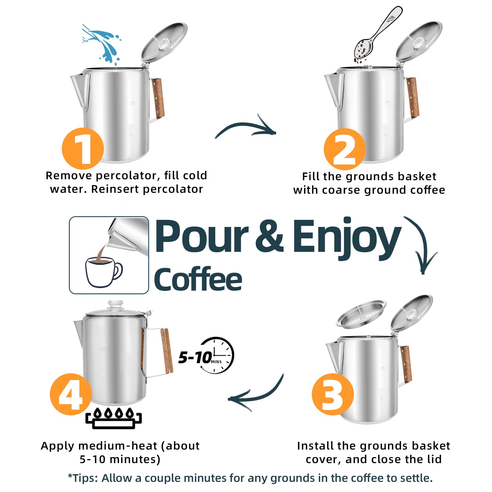 MEREZA 12 Cup Camping Percolator Coffee Pot - Stainless Steel, Non-Electric, Fast Brew, Ideal for Outdoors and Home Use