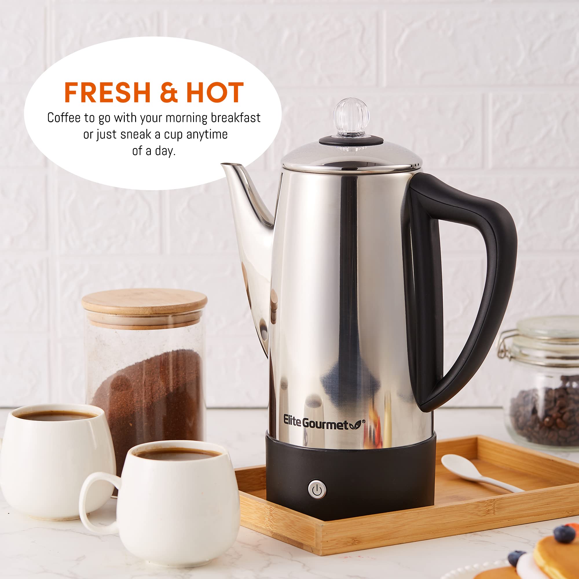 Elite Gourmet Ec812 Electric 12-Cup Coffee Percolator With Keep Warm, Clear Brew Progress Knob Cool-Touch Handle Cord-Less Serve