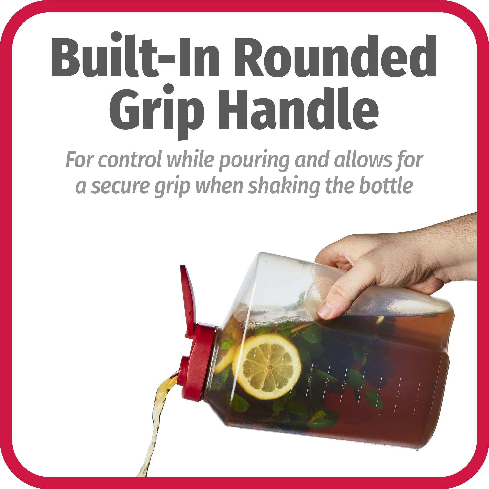Goodcook 3 Quart Mixing Easy Pour Bottle With Measurements Rounded Grip, Tighten Square Cap With Snap Lock Cap, Clear And Red