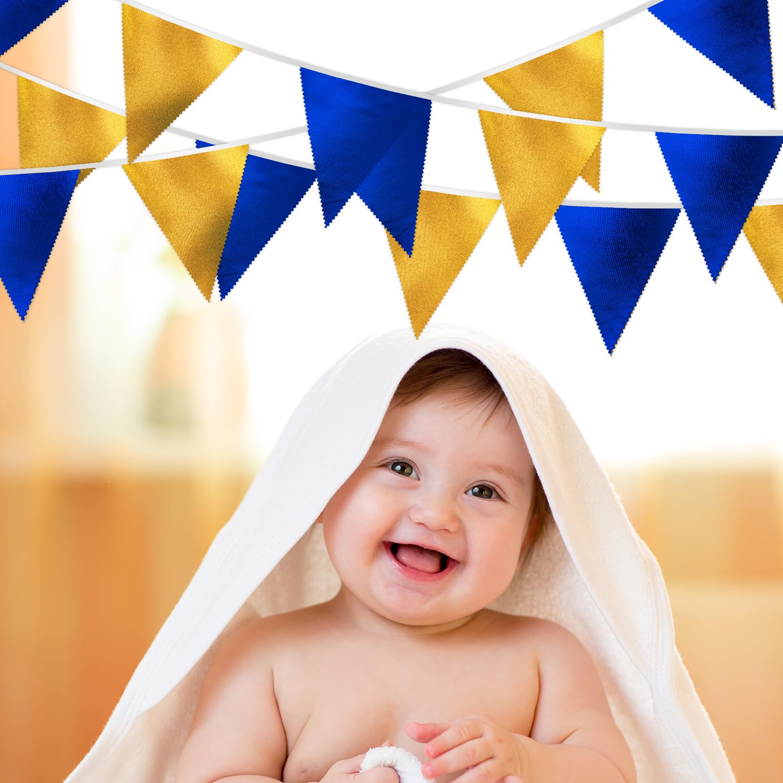 MARFOREVER Navy Blue Gold Pennant Banner, 30Pcs Metallic Fabric Triangle Flag Bunting Royal Blue Gold Party Hanging Decorations