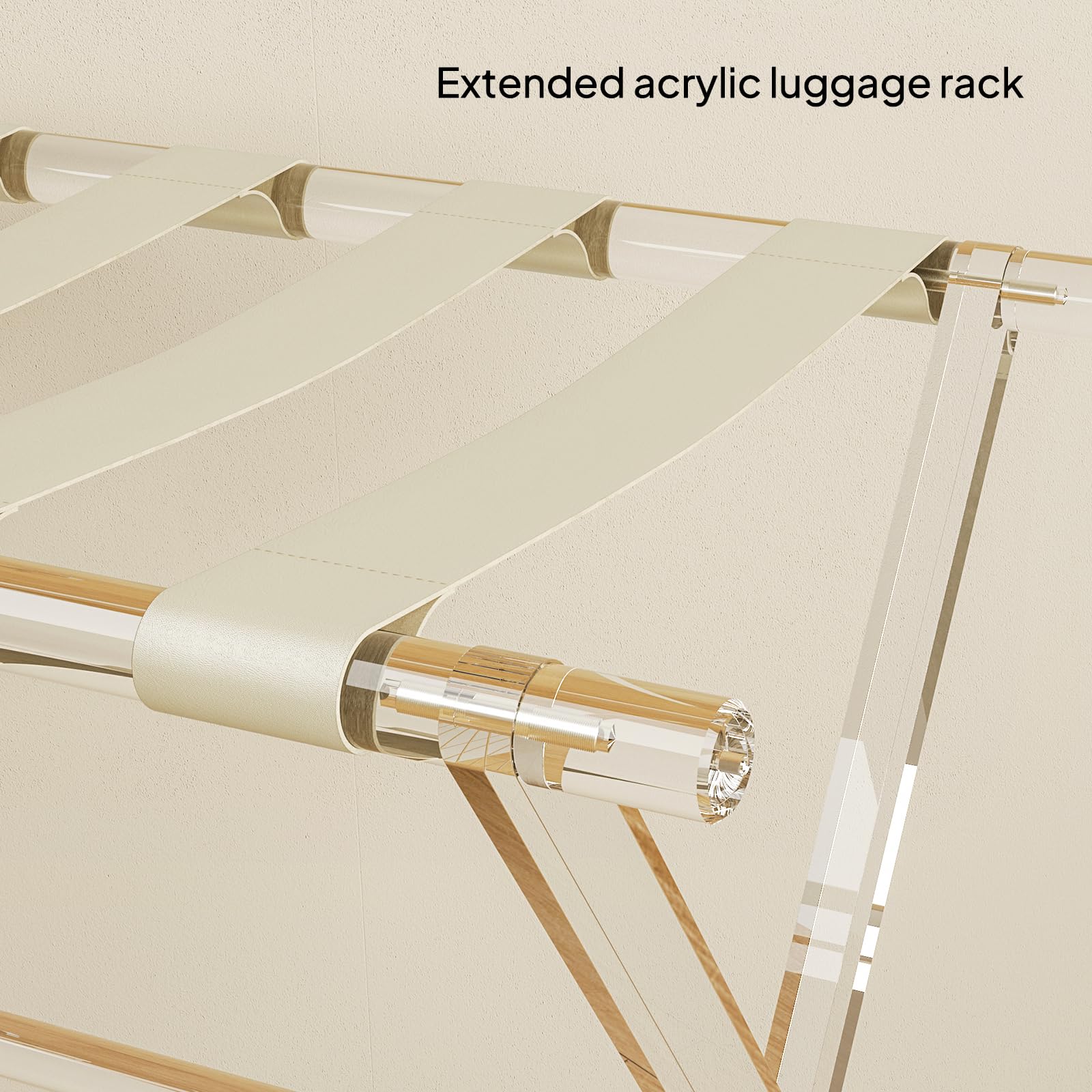 Sumerflos Acrylic Luggage Rack With Beige Leather Straps For Guest Room - 2 Pack Foldable Clear Fancy Suitcase Stand With Handle