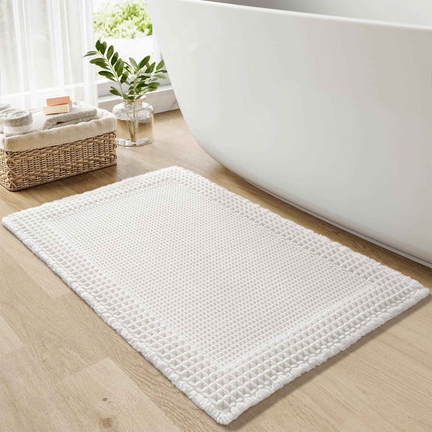 RESARE Waffle Bath Mat, Super Absorbent Non Slip, Machine Washable, Ultra Soft Boho Bath Rugs with Tassels, Upgraded Bordered De