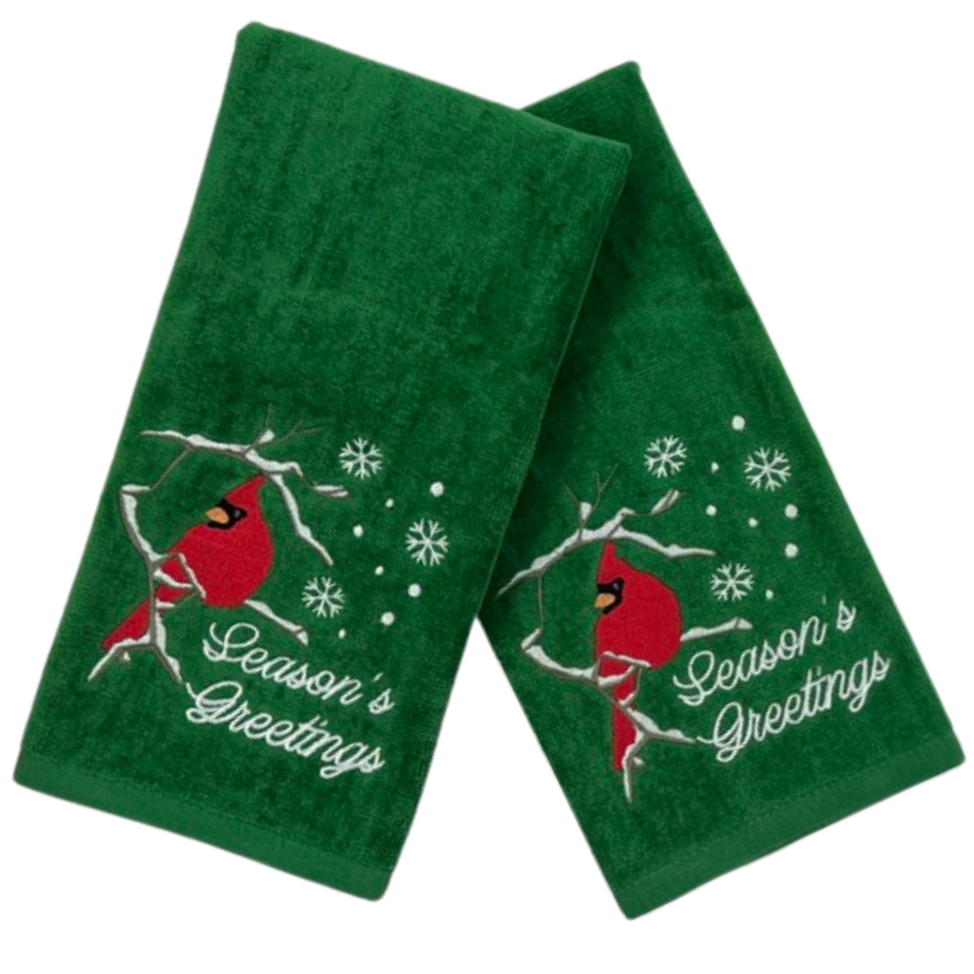 Holiday Christmas Bathroom Guest Hand Towels, Red Cardinal With Season'S Greetings On Green100% Cotton, Set Of 2, 16 X 25 Inches