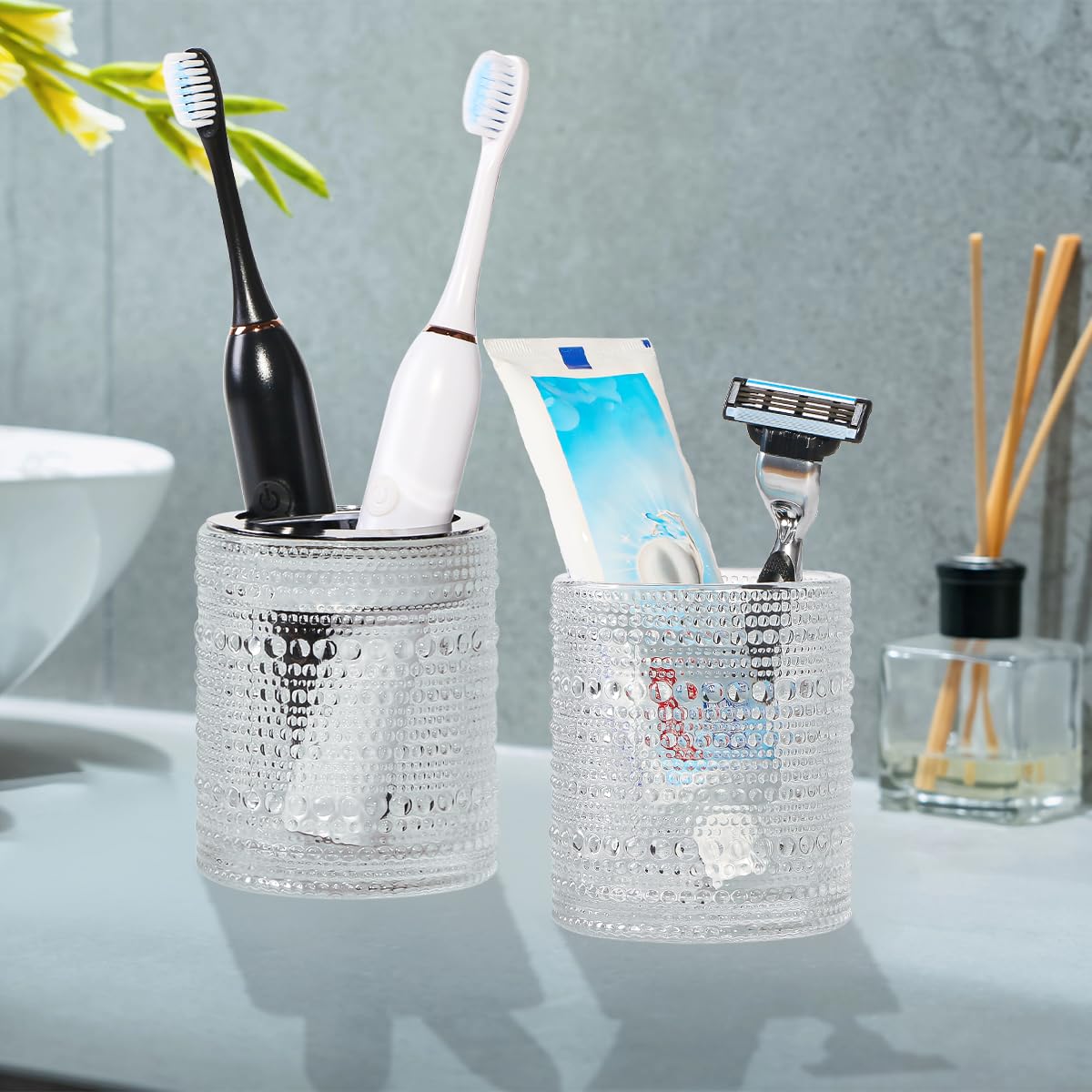 Tonxus Toothbrush Holders for Bathrooms, Clear Glass Toothbrush Holder, 10oz Bathroom Tumbler and Mouthwash Cup, Bathroom Storag