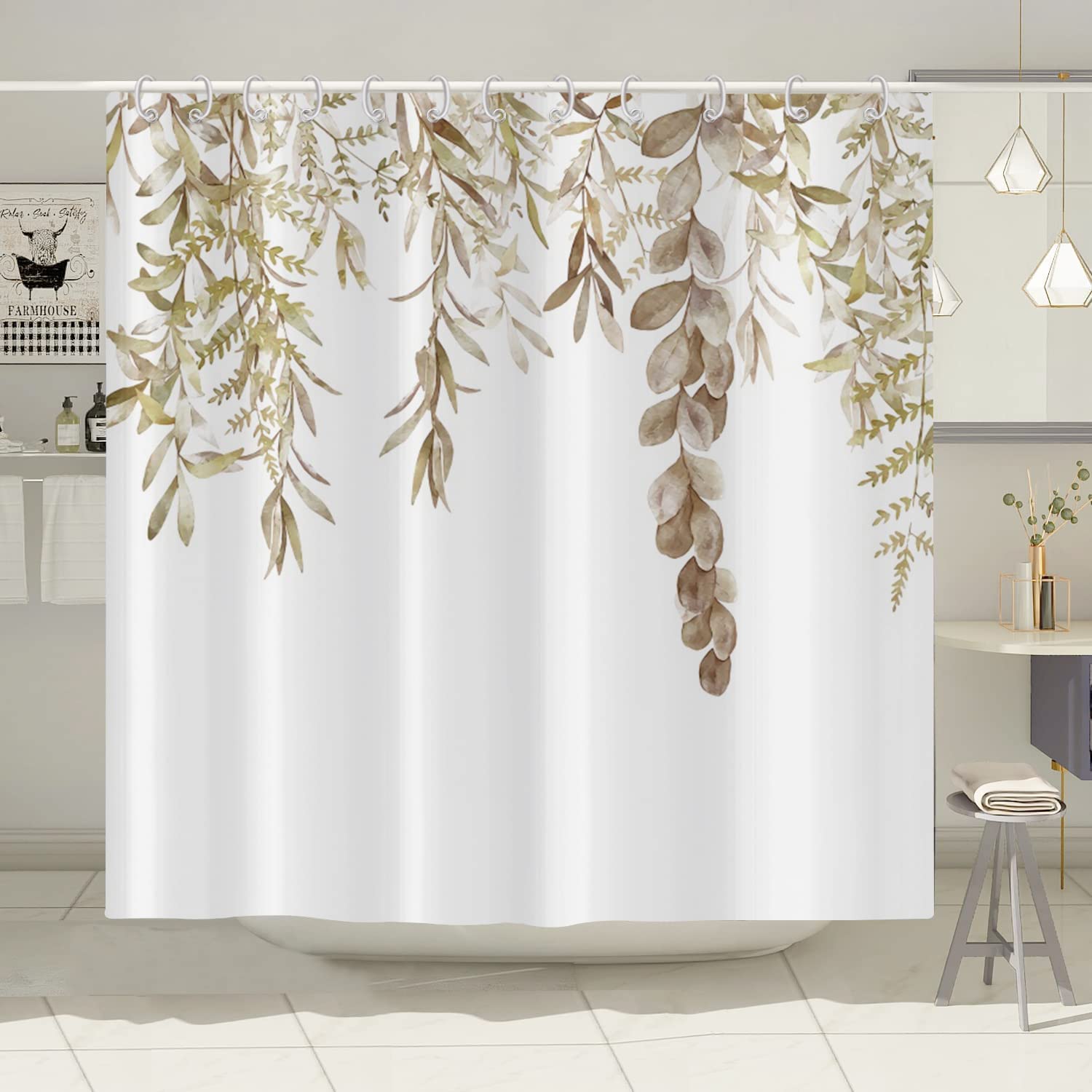 Gcirec Botanical Shower Curtains (72'' X 72''), Watercolor Autumn Eucalyptus Leaf Plant Tan Bathroom Curtain For Bathtub Home De