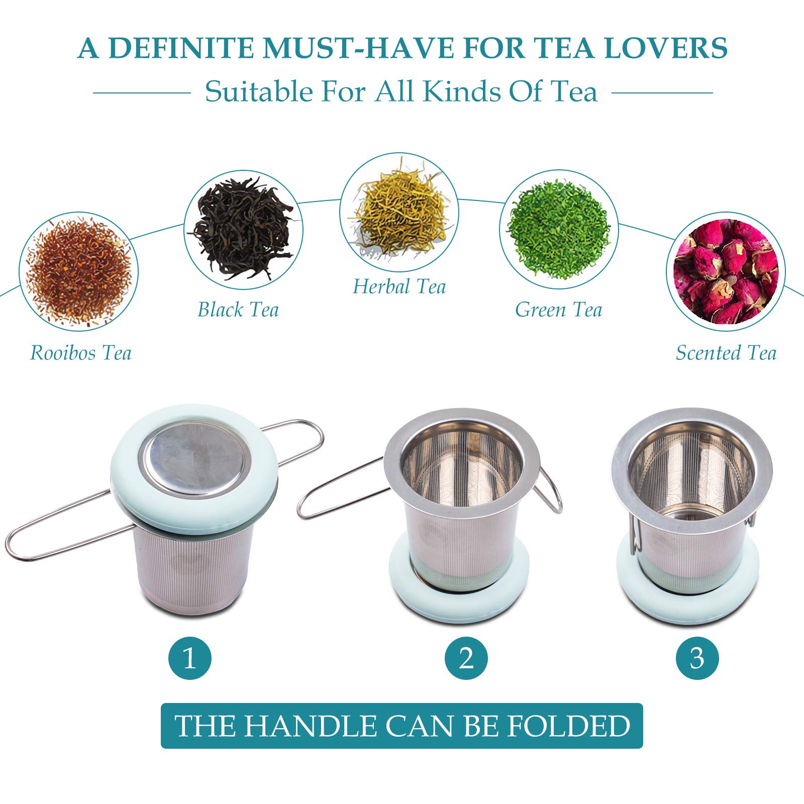 Fenshine Stainless Steel Tea Infuser with Folding Handle, Extra Fine Mesh, Light Blue, Model 4CMU