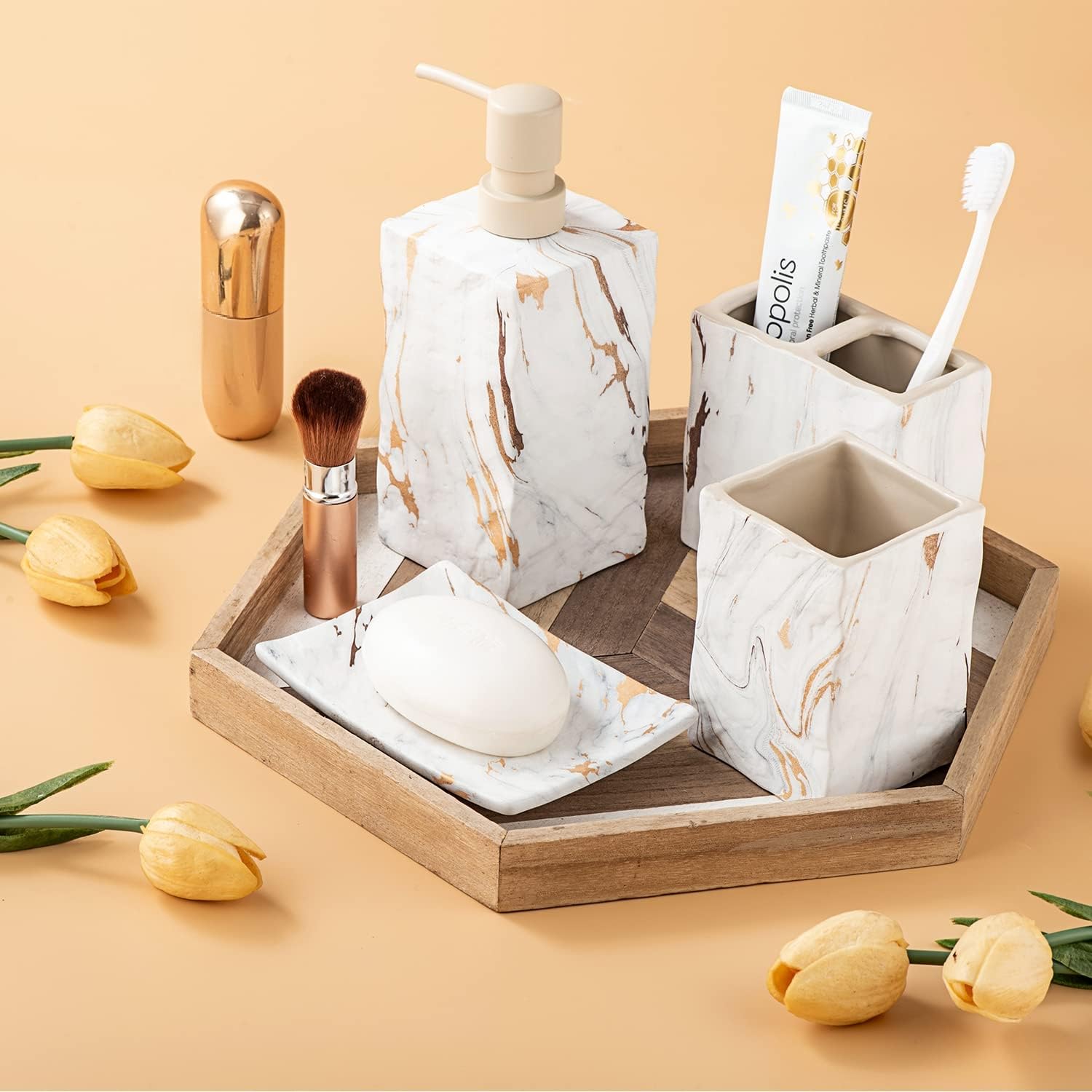 RQYIXI Ceramic Bathroom Accessory Set Complete 4 Pieces Retro Style Soap Dispenser & Toothbrush Holder Sets (Marble Gold)