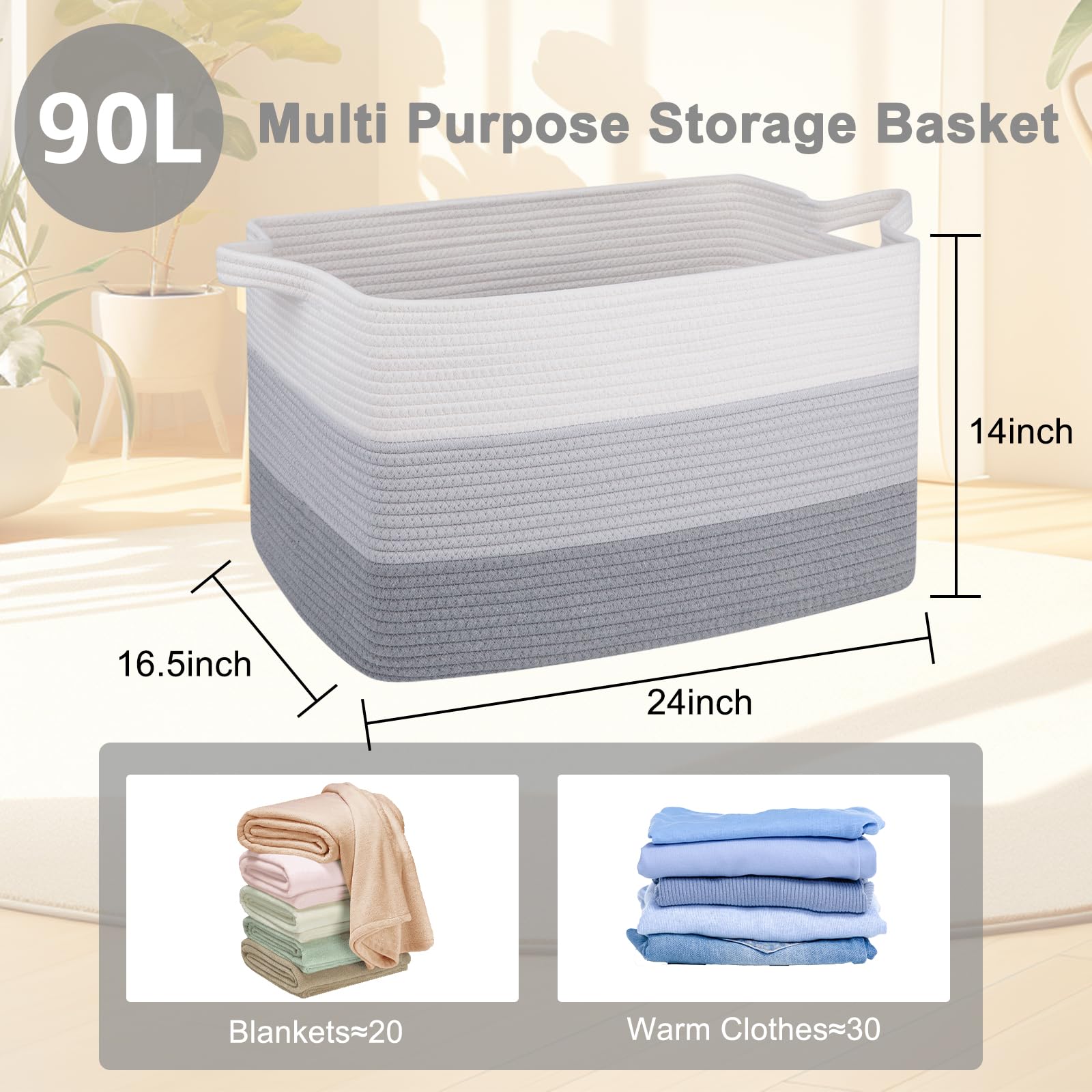 Oiahomy Extra Large Blanket Basket, 90L Cotton Rope Woven Laundry Basket, Toy Basket For Baby Room, Basket For Blanket Storage I