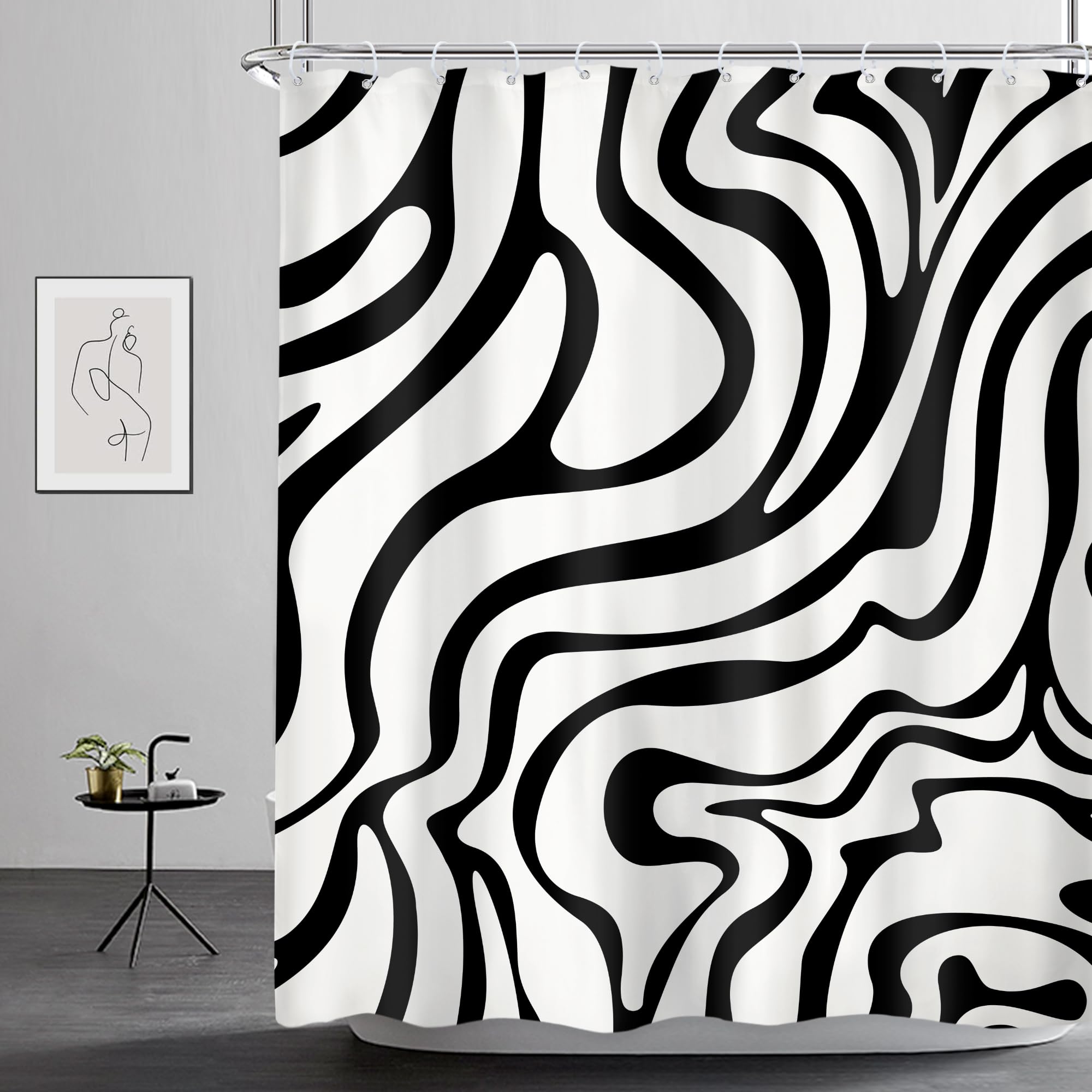 Riyidecor Retro Black White Shower Curtain 60Wx72H Inch Abstract 70S Art Waves Stripes Geometric 60S Vintage Simple Aesthetic Ar