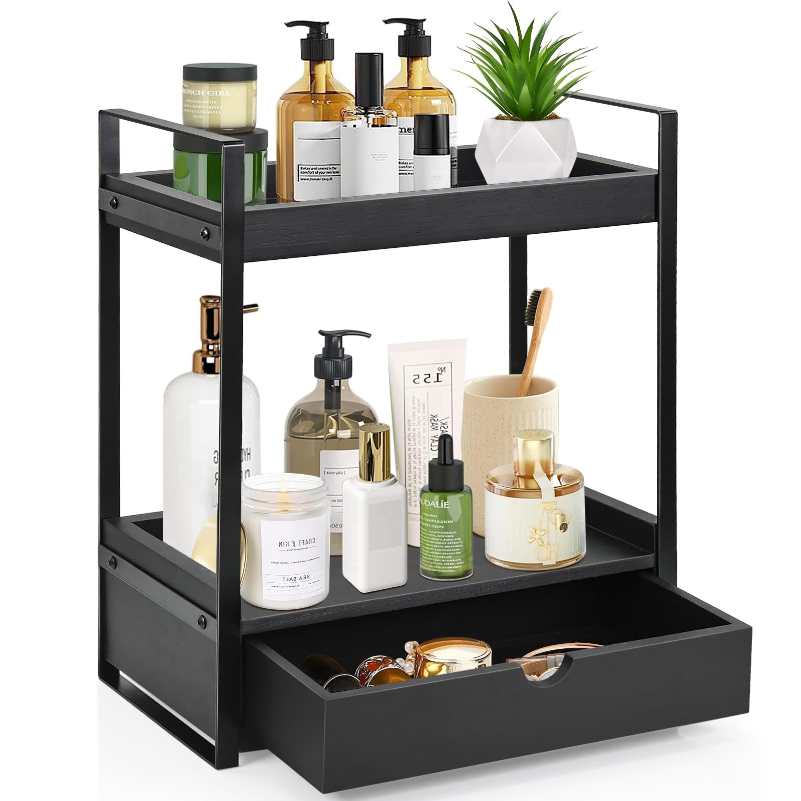 Ukonvi 2-Tier Bathroom Organizer Countertop with Drawer, Wood Counter Shelf for Storage, Vanity Tray for Organization and Decor,