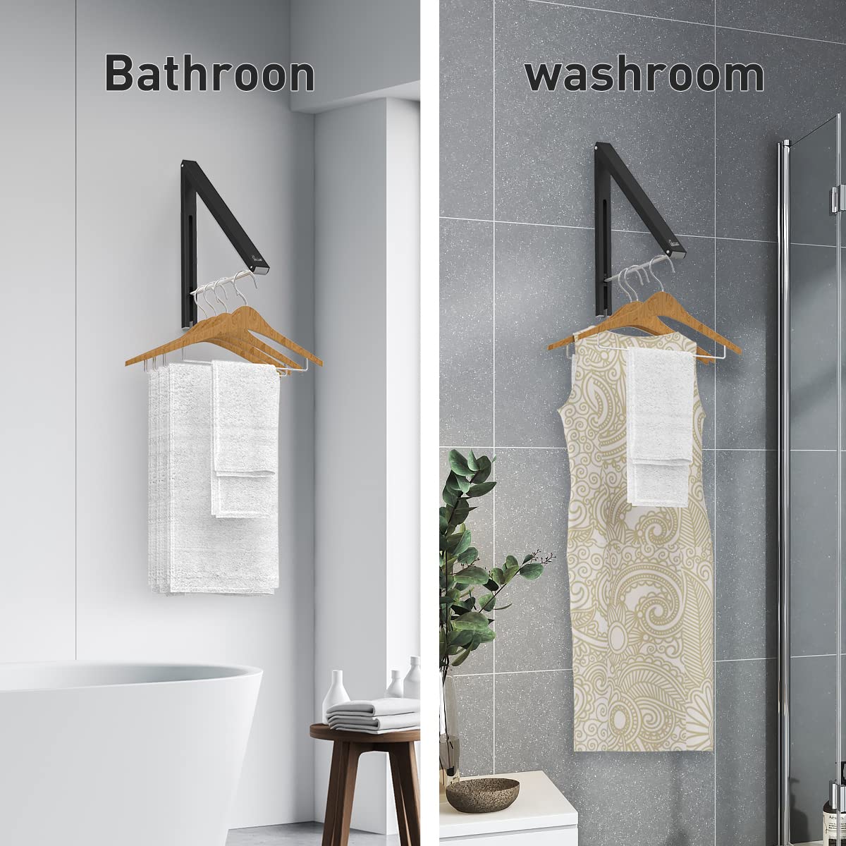 Anjuer Laundry Room Wall Mounted Drying Rack clothes Hanger Folding Wall coat Racks Aluminum Home Storage Organiser Space Savers Black