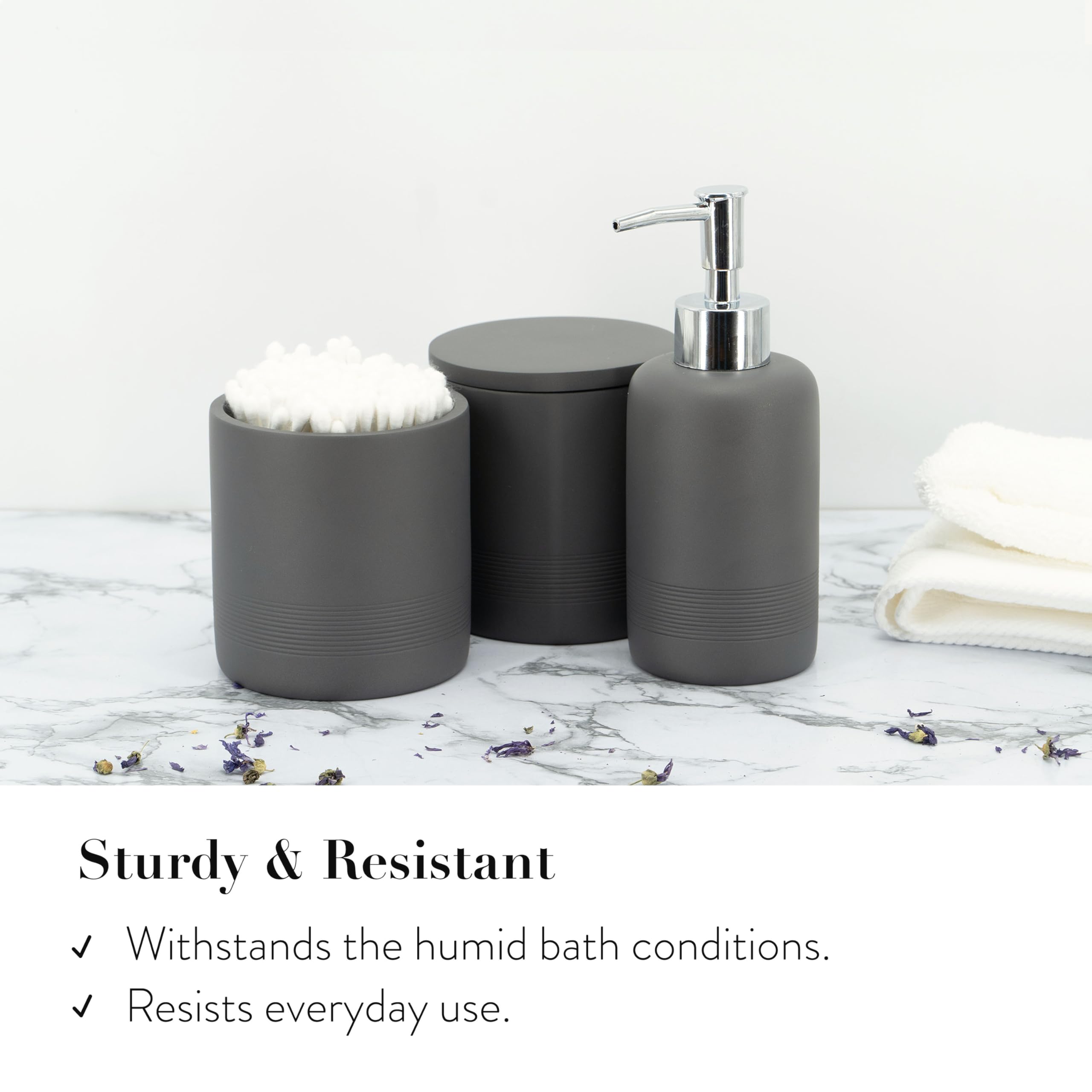 Zccz - Grey Bathroom Accessories Set 6 Pcs - Toothbrush Holder, Lotion Soap Dispenser, 2 Qtip Holder Dispenser, Vanity Tray, Bat