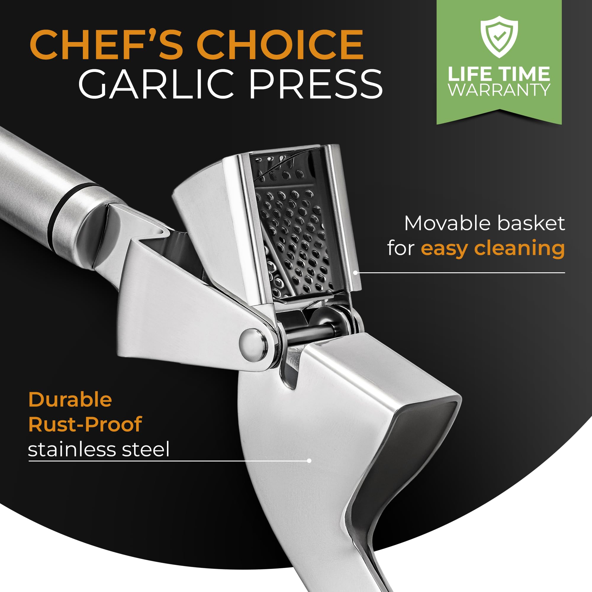 Orblue Garlic Press Stainless Steel - Premium Professional Grade Garlic Mincer, Crusher & Peeler Set - Easy Clean, Dishwasher Sa
