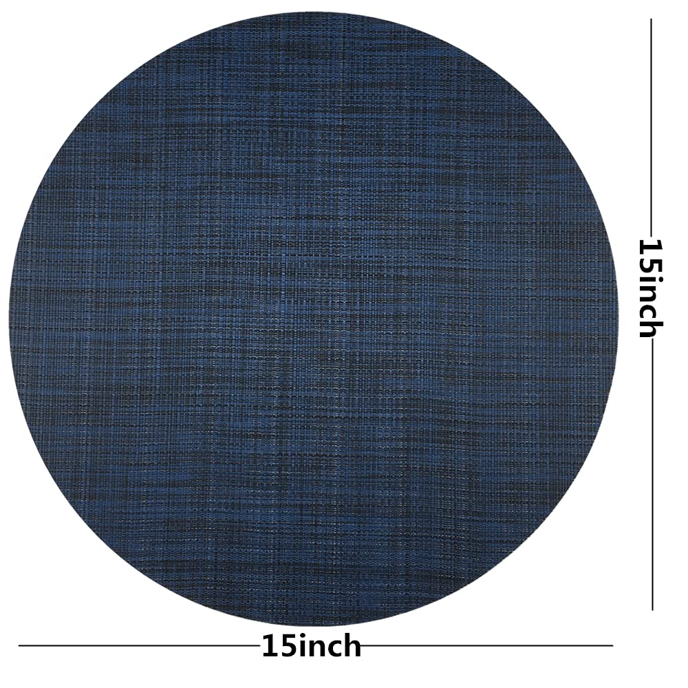 Wazaigur Round Placemats Set Of 6 Woven Vinyl Easy To Clean Heat Resistant Kitchen Table Mats 15 Inch(Navy Blue 6)