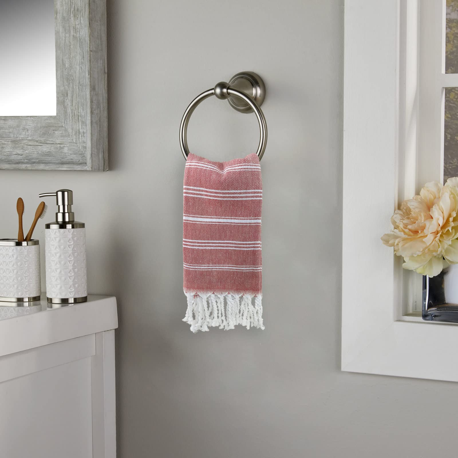 Cabanana Cotton Turkish Hand Towel - Set Of 2 | Boho Kitchen Tea Towels, 30 X 20 Inches Thin Decorative Bathroom Towel (Red)