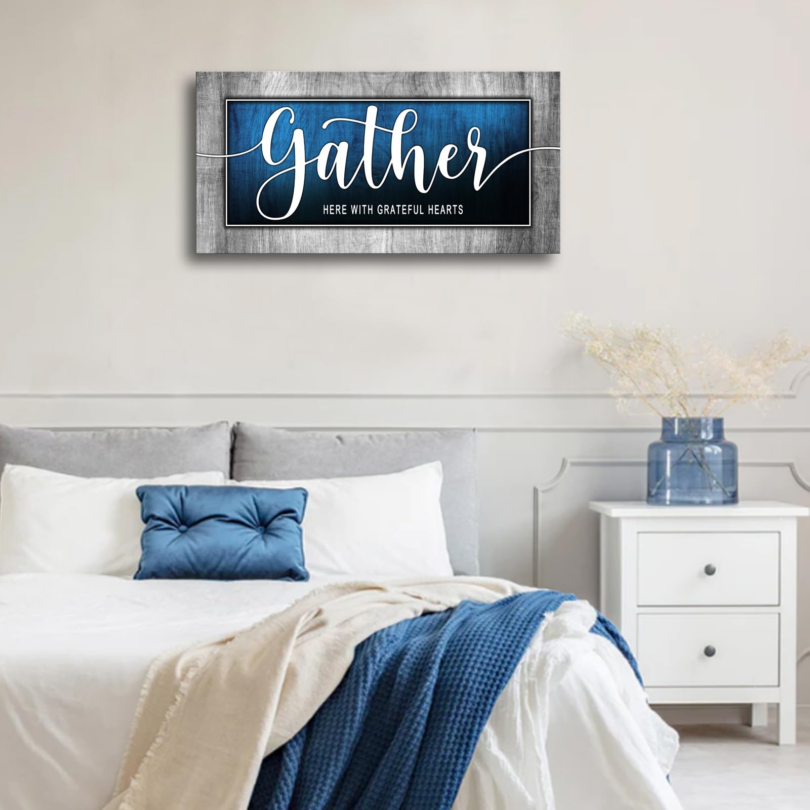 Inspirational Quote Canvas Wall Art For Living Room-Gather Signs For Home Decor-Gather Wall Decor-Blue Canvas Print Painting Pic