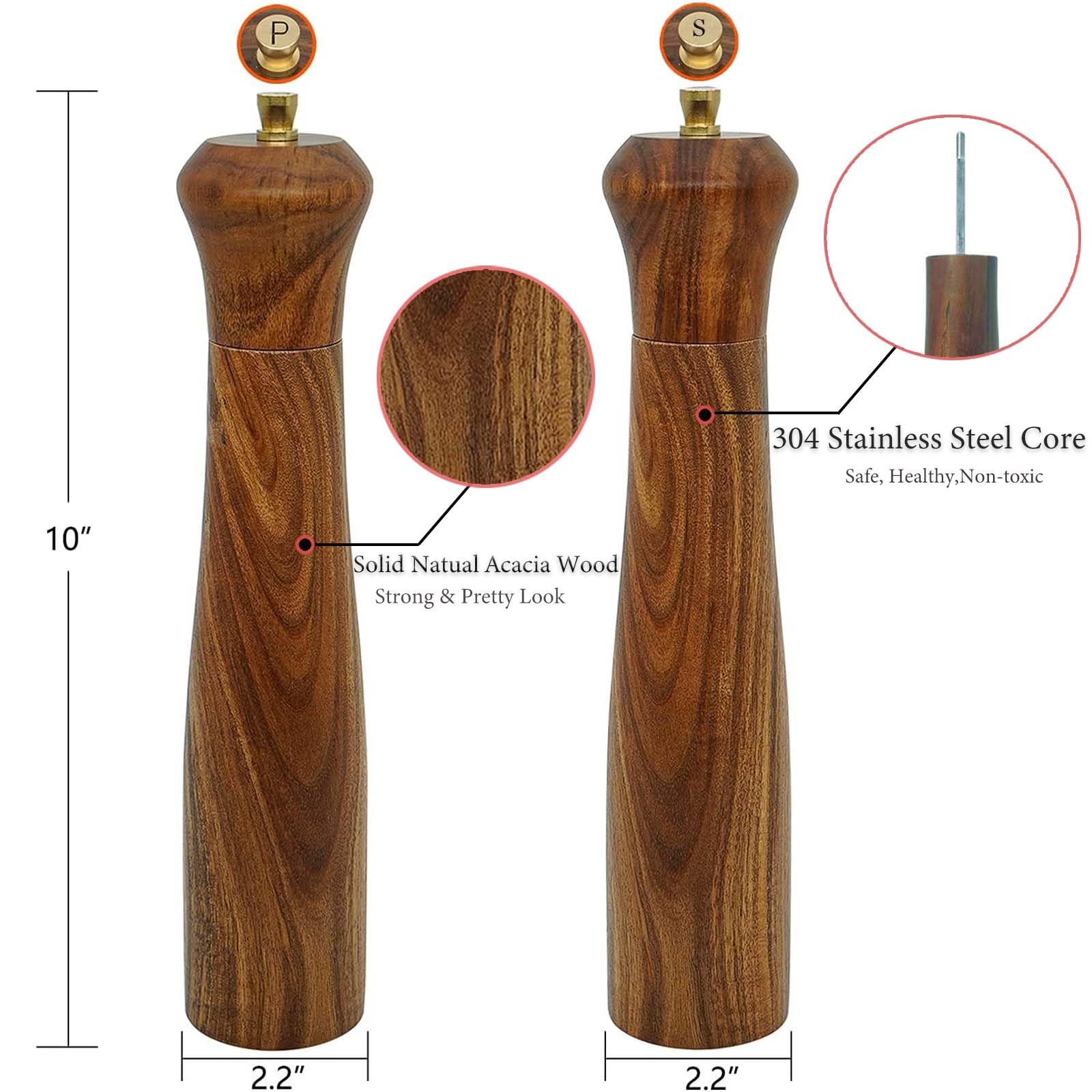 UNIOVC Wooden Pepper Grinder - 10" Acacia Wood Mill with Adjustable Coarseness - Salt & Pepper Shaker Tableware Gift