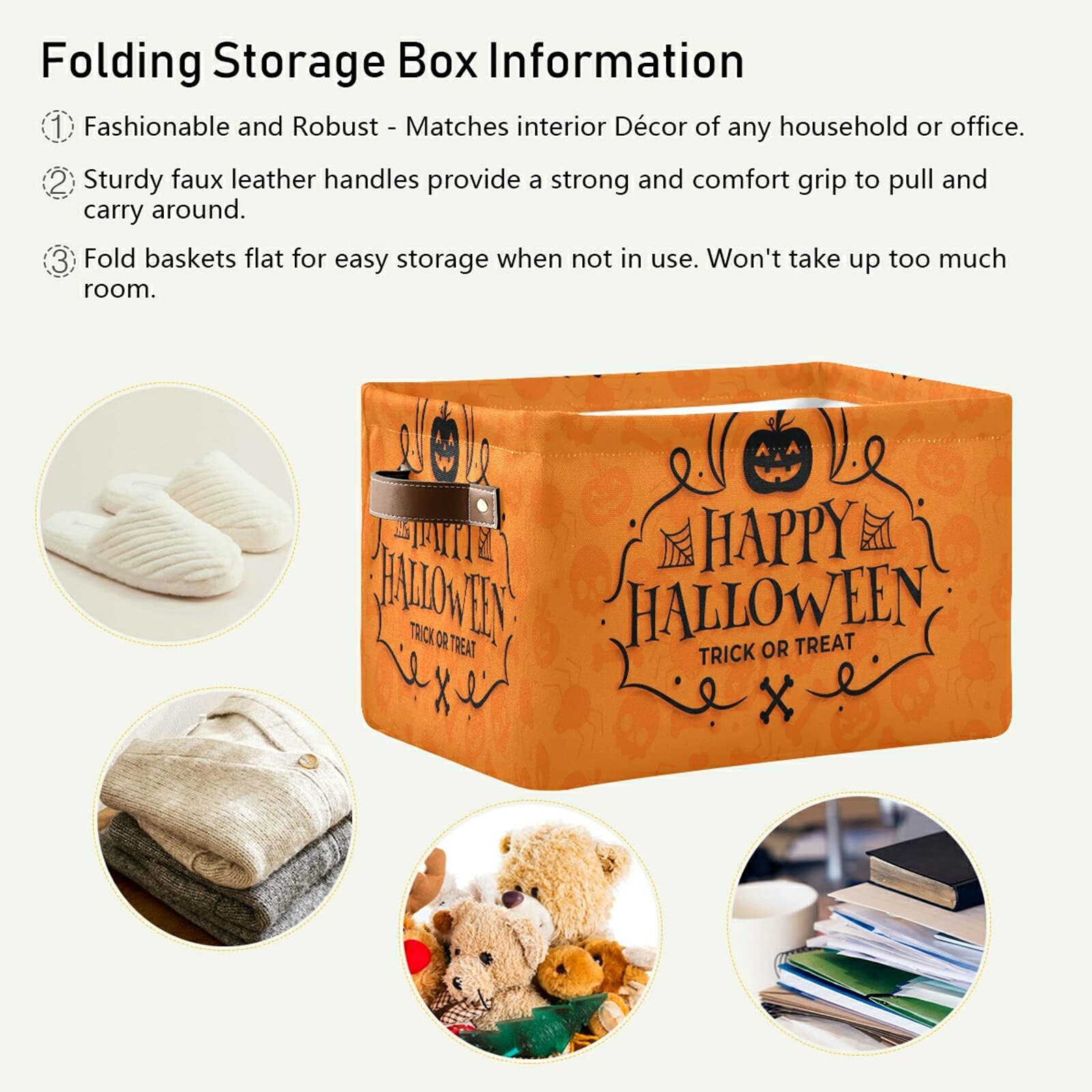 Xigua Halloween Pumpkin Foldable Storage Basket For Shelves, Collapsible Waterproof Sturdy Fabric Storage Bin With Handles, Canv