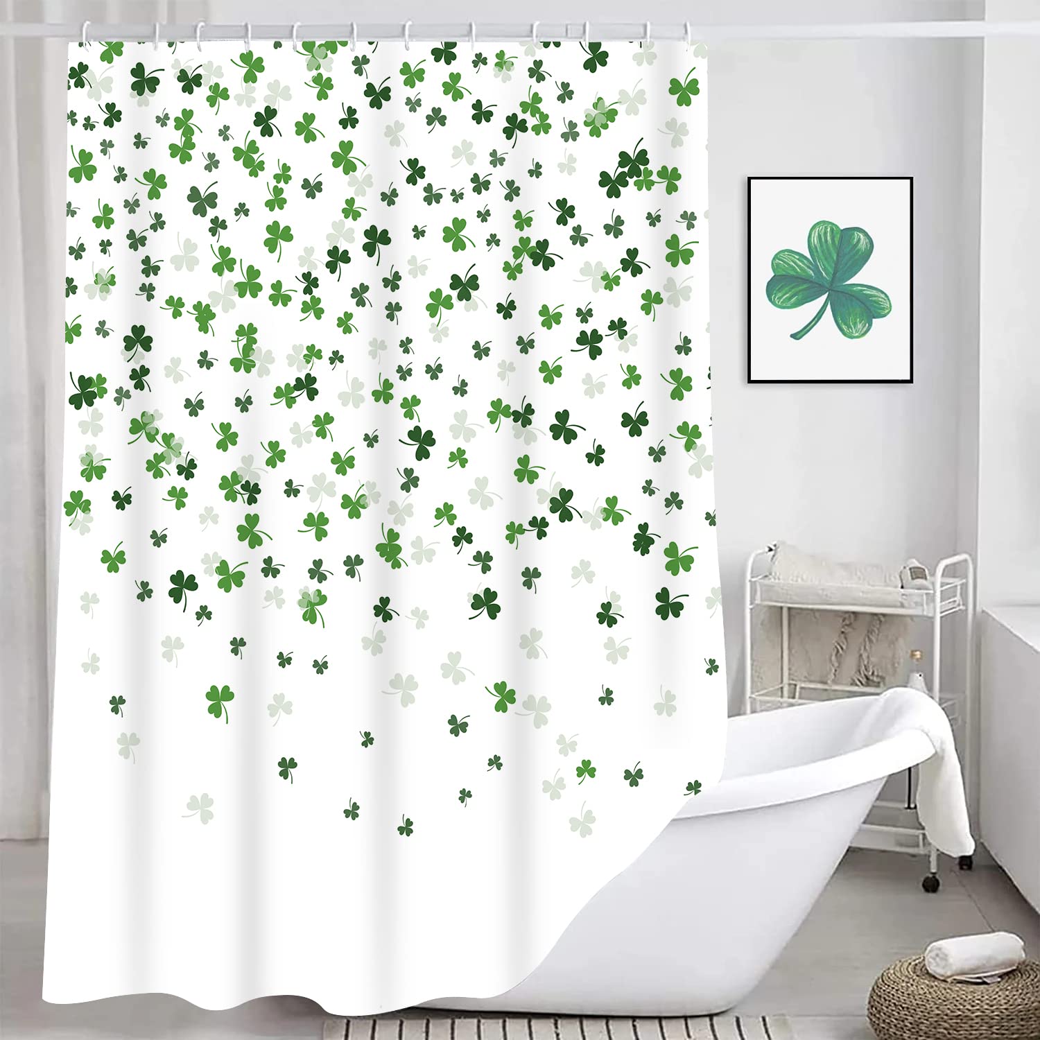 Jbralid Happy St Patrick'S Day Clover Shower Curtain Green Shamrock Bath Curtain Waterproof Shower Curtains For Bathroom Decor W