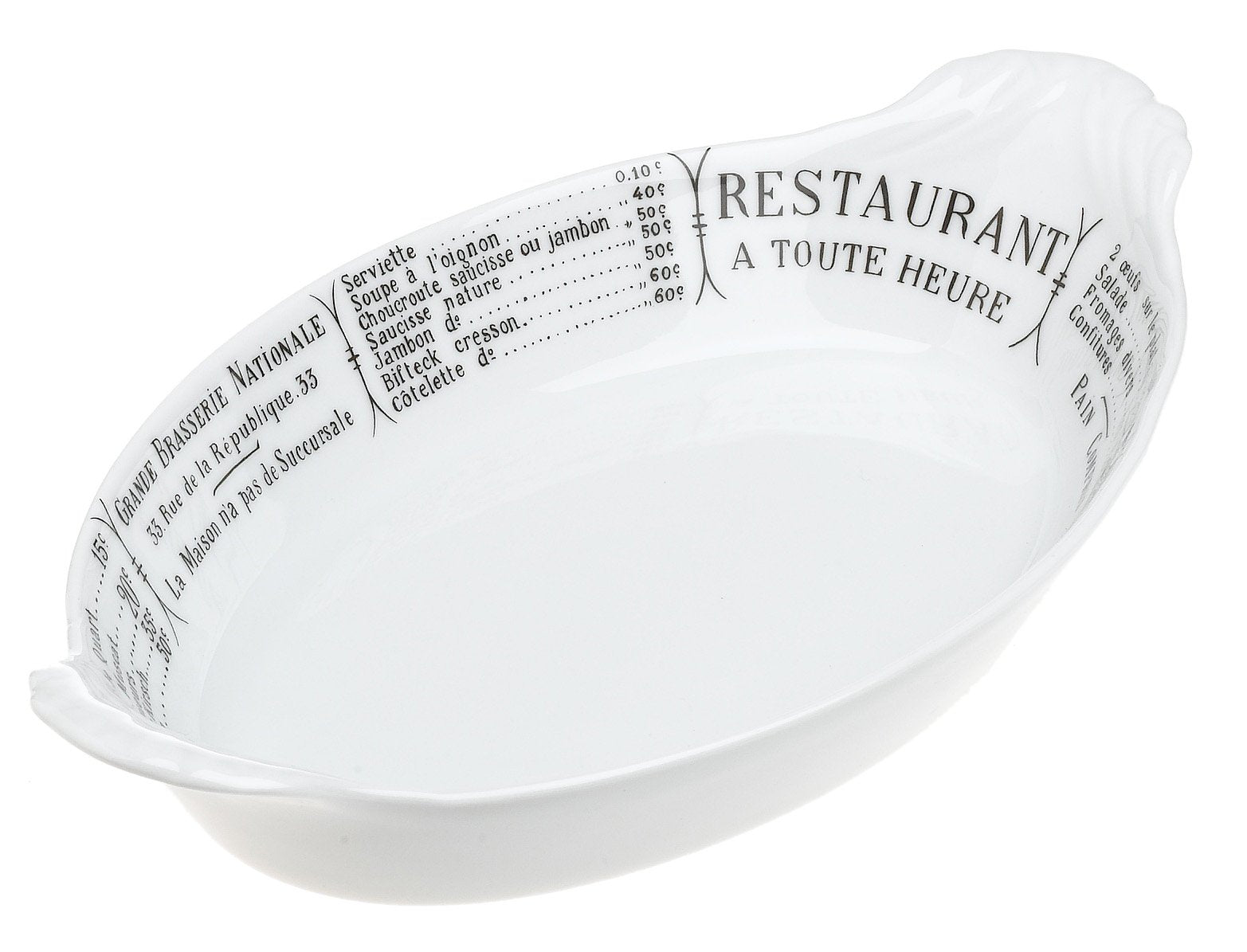 Pillivuyt Oval Eared Gratin Brasserie Baker,10 X 6.25 Inch, White/Menu Print