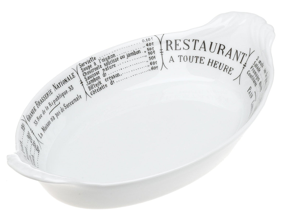 Pillivuyt Oval Eared Gratin Brasserie Baker,10 X 6.25 Inch, White/Menu Print