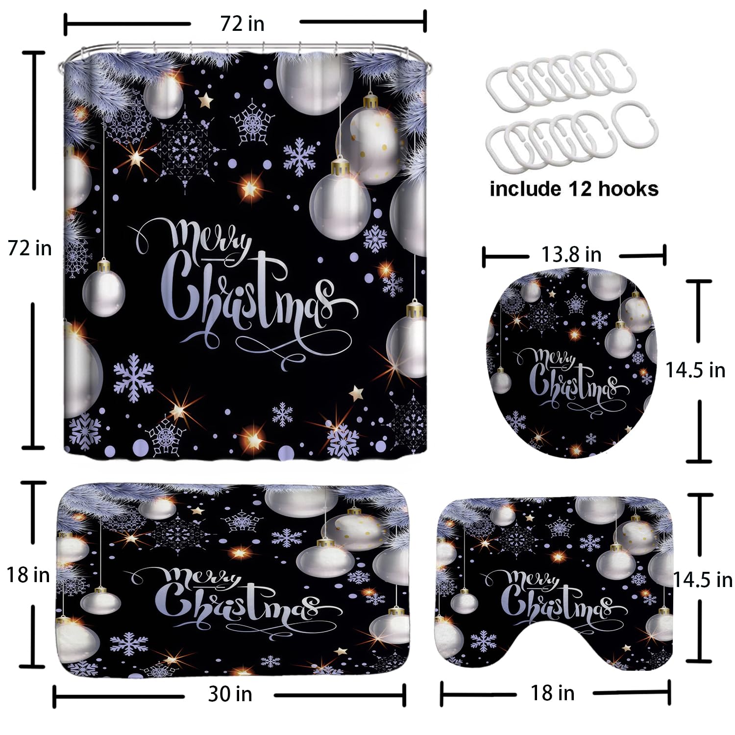 Griekowe 4 Pcs Xmas Ball Black Background Christmas Shower Curtain Set With Non-Slip Rugs, White Snowflake Winter Holiday Festiv