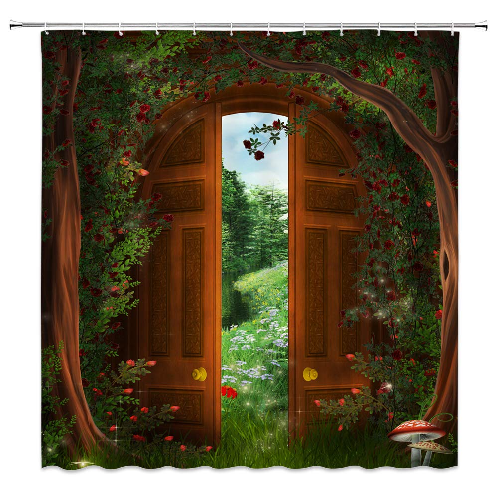 Jingjiji Green Forest Fantasy Shower Curtain Garden Wooden Door Garden Tree House Fairy Tale World Natural Scenery Bathroom Poly