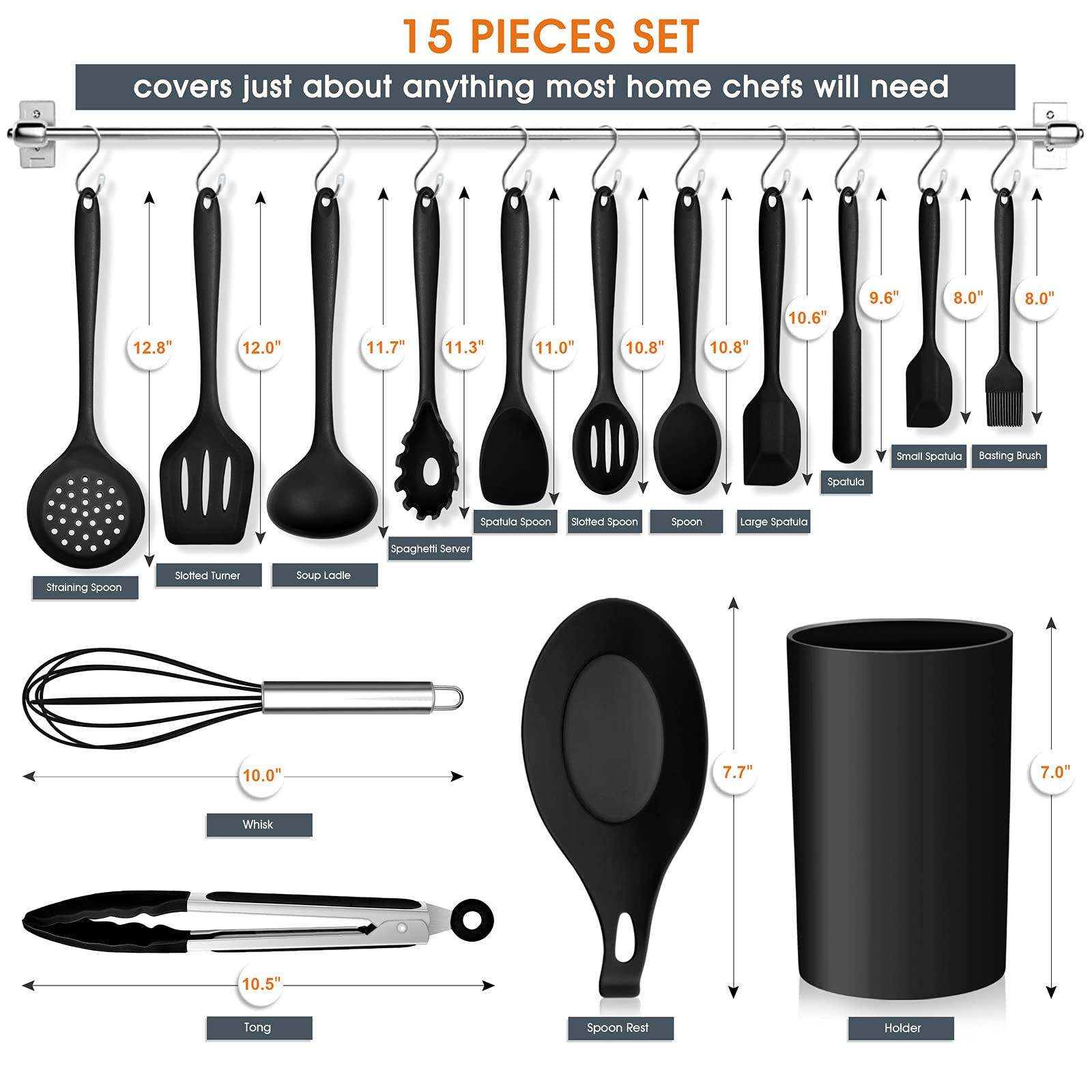 Kitchen Utensils Set, E-Far 15-Piece Silicone Cooking Utensils With Holder, Non-Stick Cookware Friendly & Heat Resistant, Includ