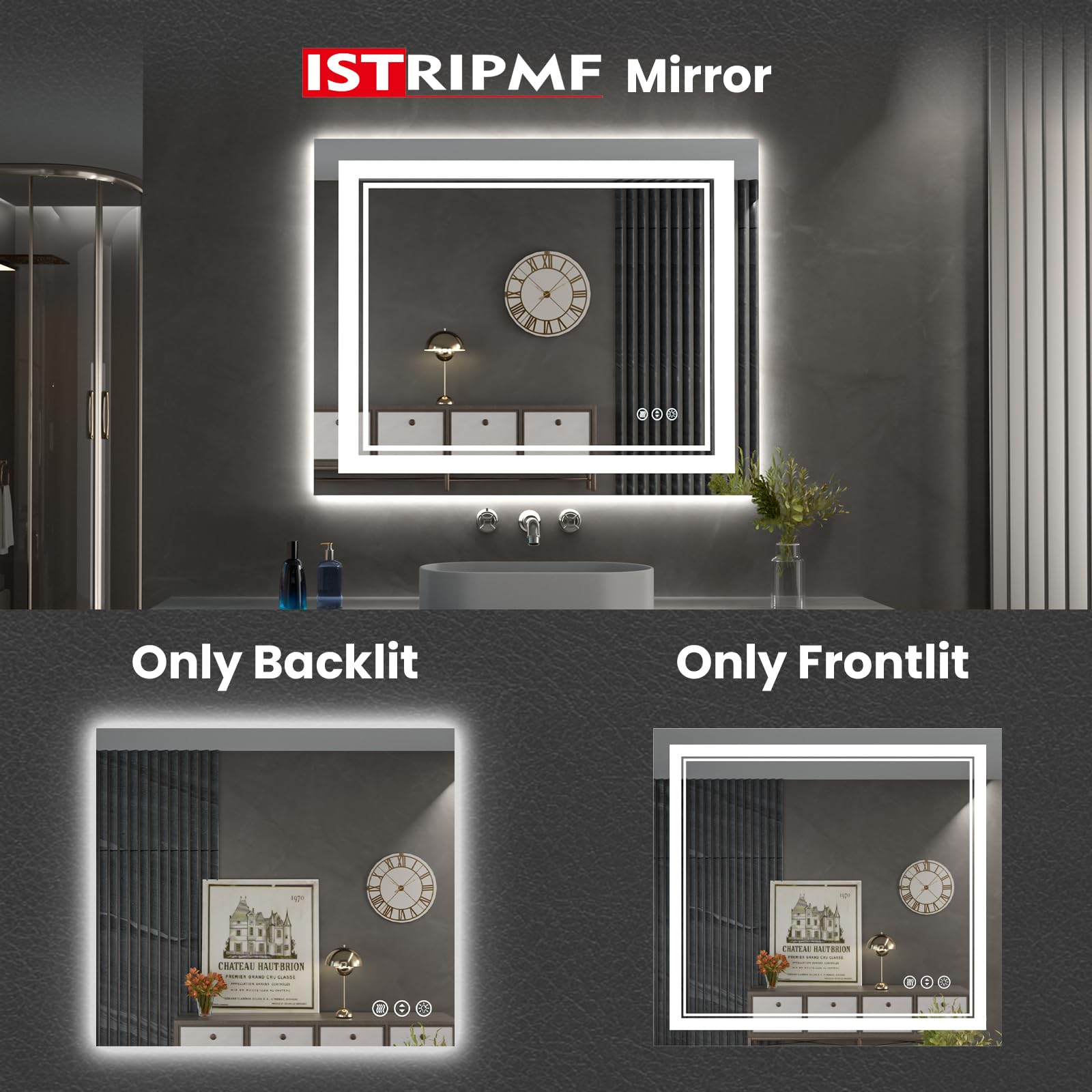 Istripmf 40 X 24 Inch Led Bathroom Mirror With Lights, Front Light And Backlit Anti-Fog Dimmable Memory Lighted Vanity Mirror, S