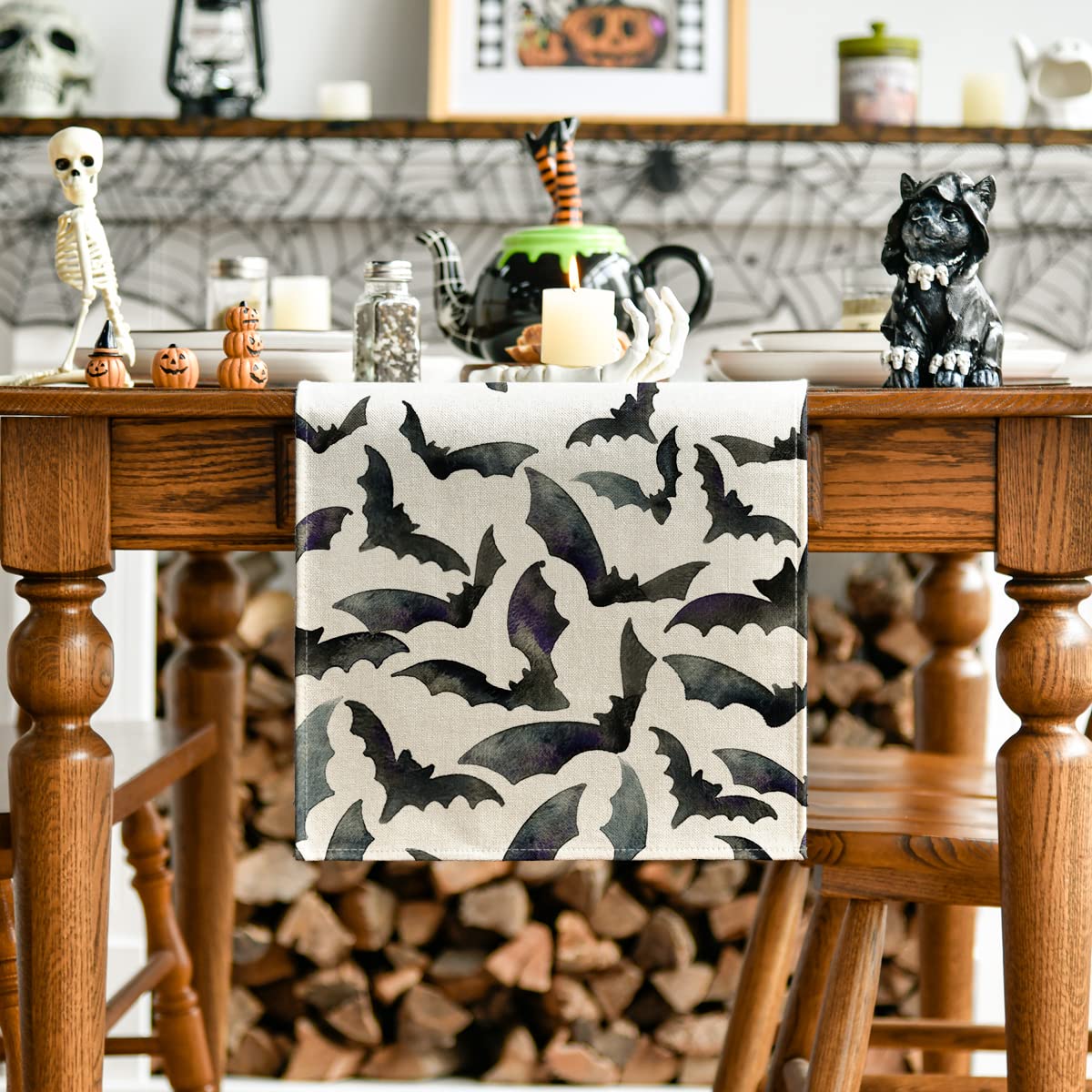 Artoid Mode Silhouette Black Bats Halloween Table Runner, Fall Kitchen Dining Table Decoration For Home Party Decor 13X48 Inch