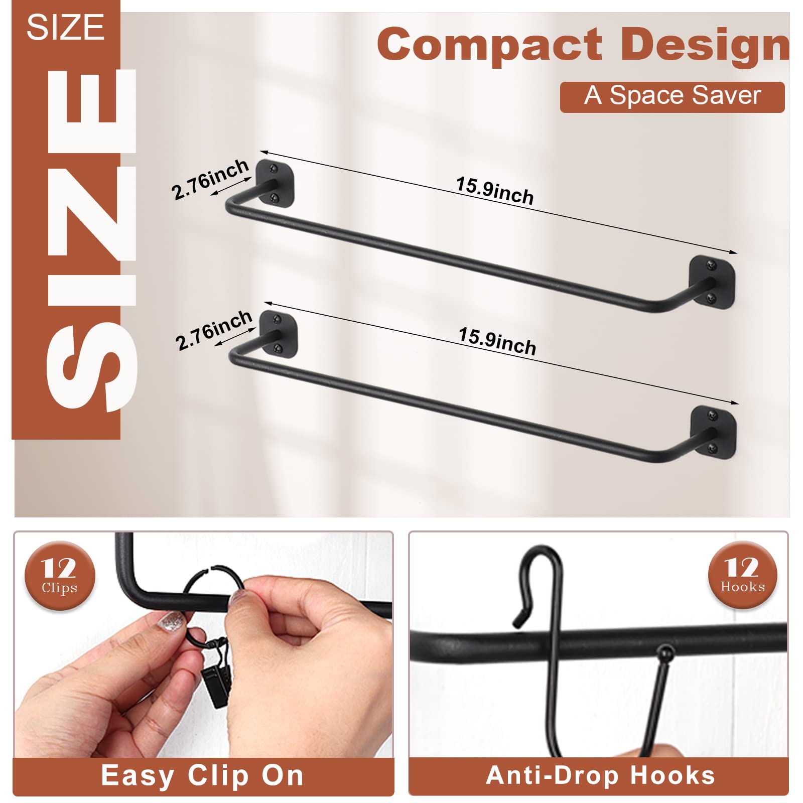 HYDERMUS Hat Rack for Wall 24 Baseball Caps  Modern Metal Hat Hook with 12 Clips and 12 Hooks Hat Holder Wall-Mounted Hat Hook Storage Display for Closet Bedroom Entryway Laundry  2 Pack Black