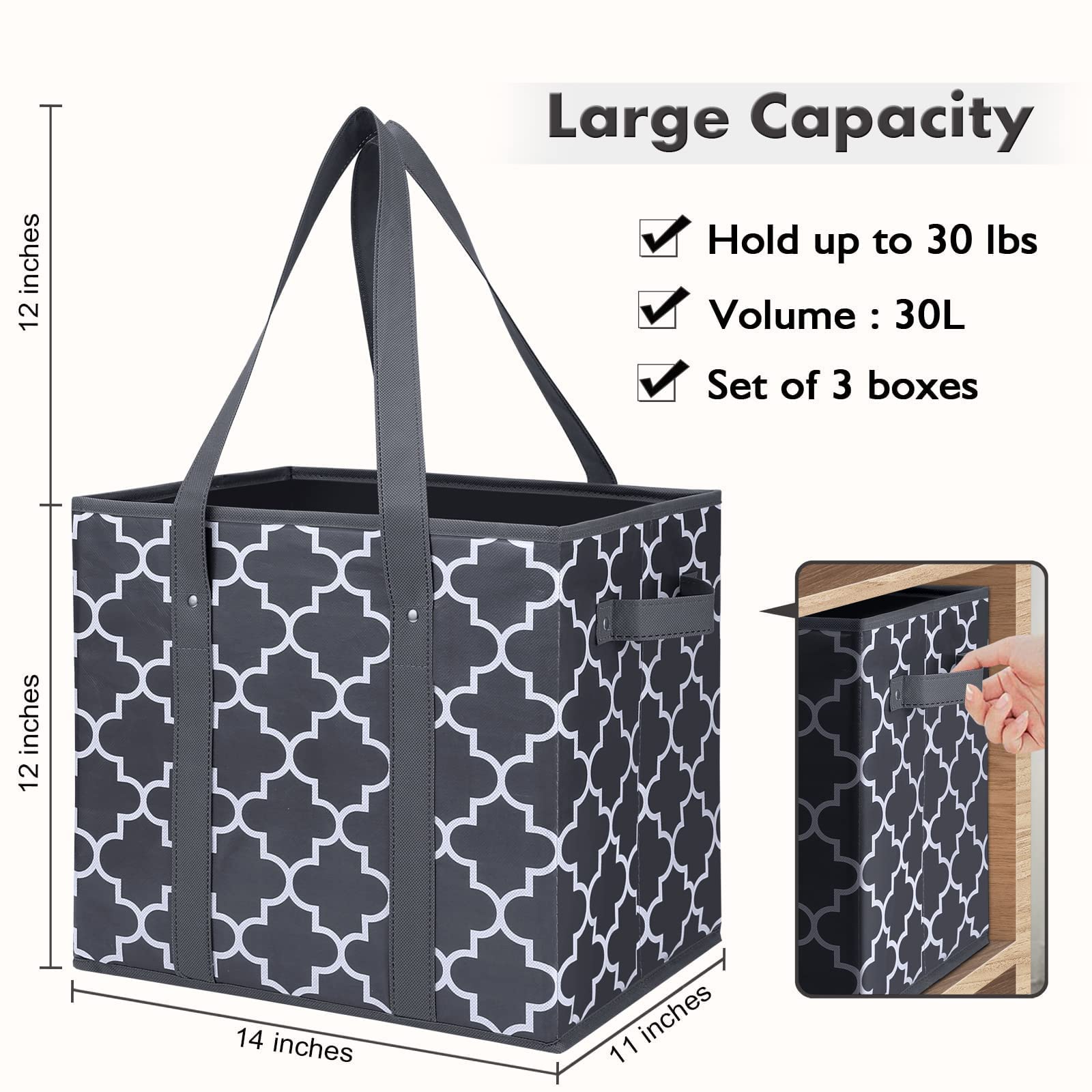 Wiselife Reusable Grocery Bags 2-Pack Foldable Washable Large Storage Bins Basket Water Resistant Shopping Tote Bag Dark Grey