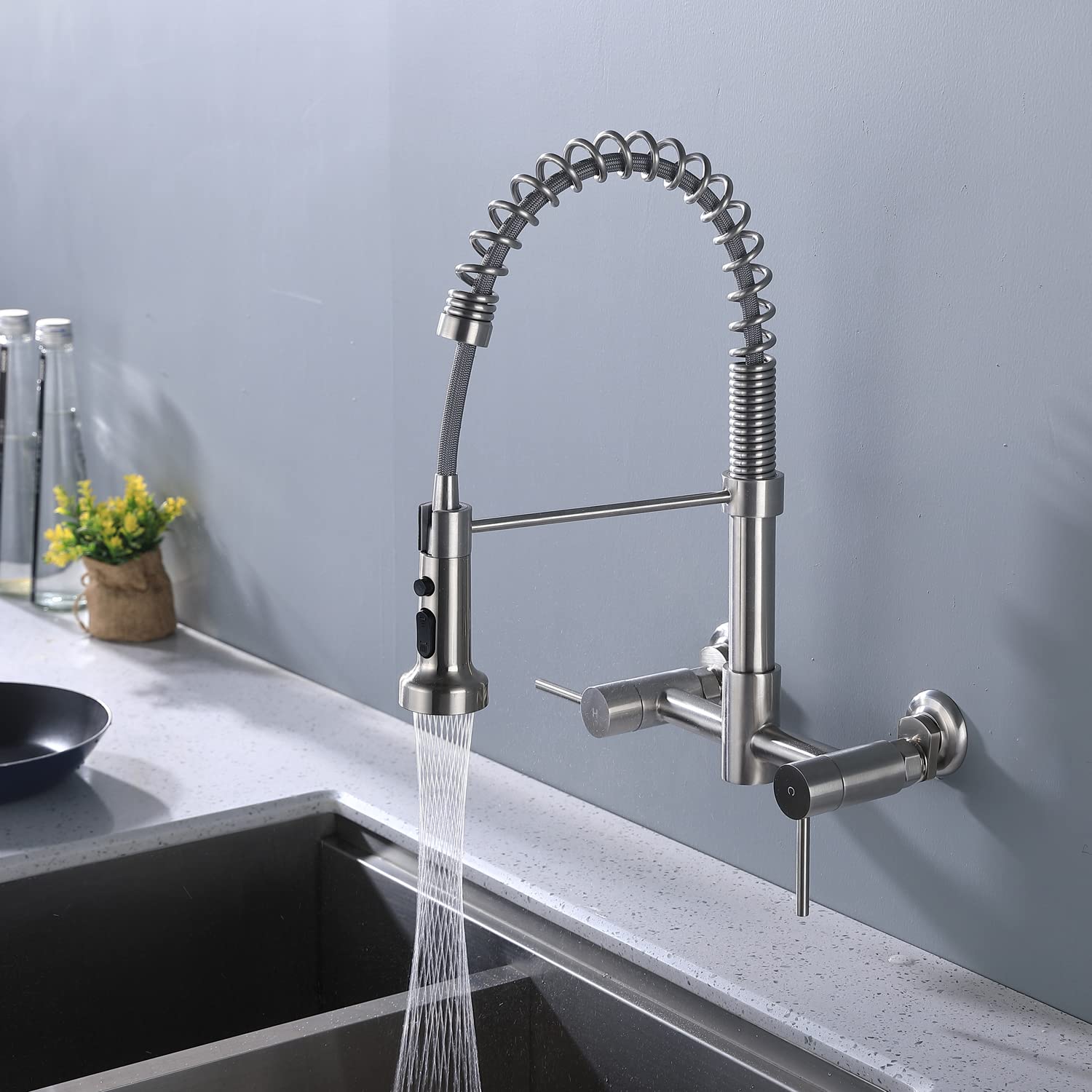 Fonveth 8 Inch Center Wall Mount Kitchen Faucet, Matt Black, Pull Down Sprayer, Commercial Style, 1.8 Gallons Per Minute