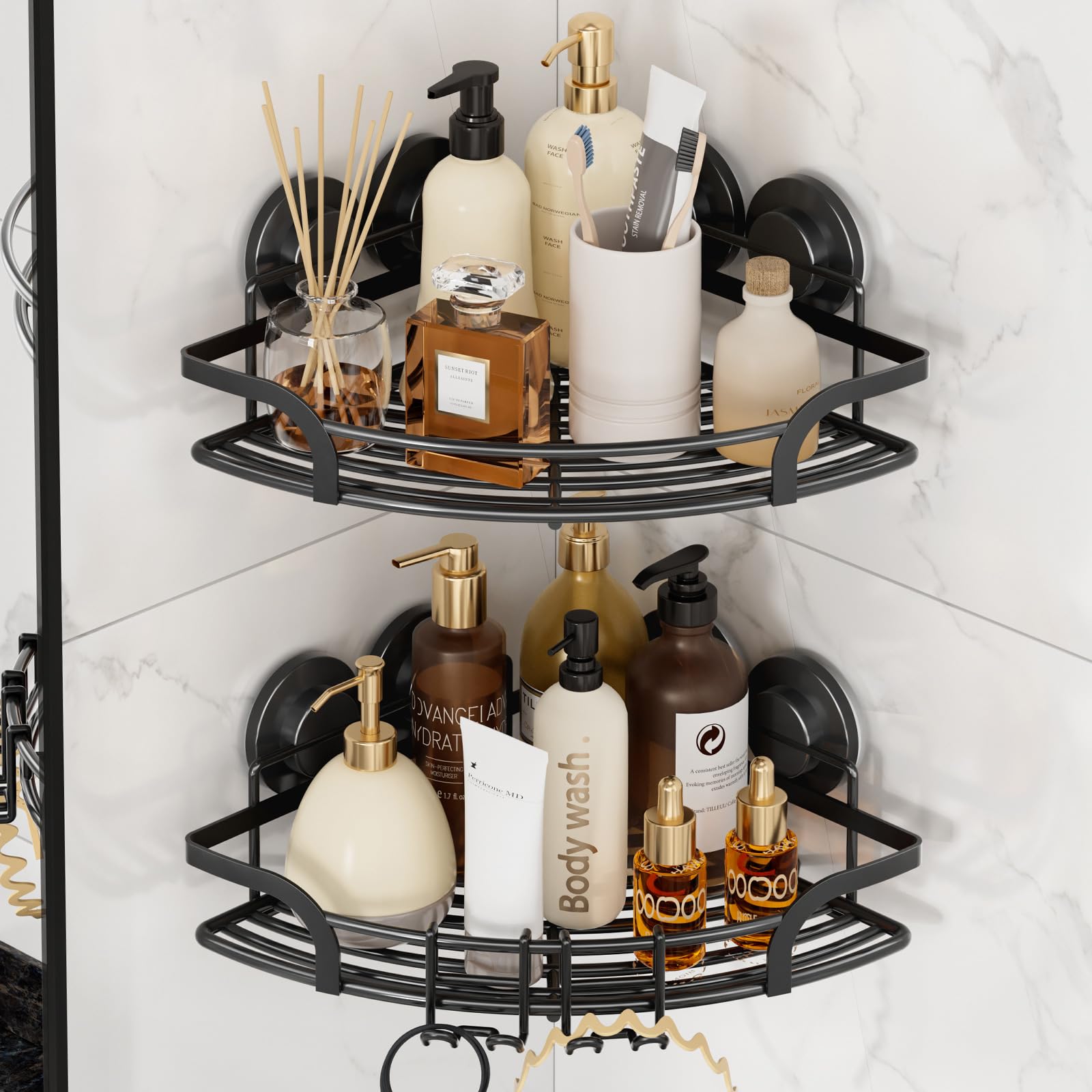 LEVERLOC 2 Pack Strong Suction Cup Corner Shower Caddy, Large Capacity Removable Bathroom Organizer, Stainless Steel Rustproof S