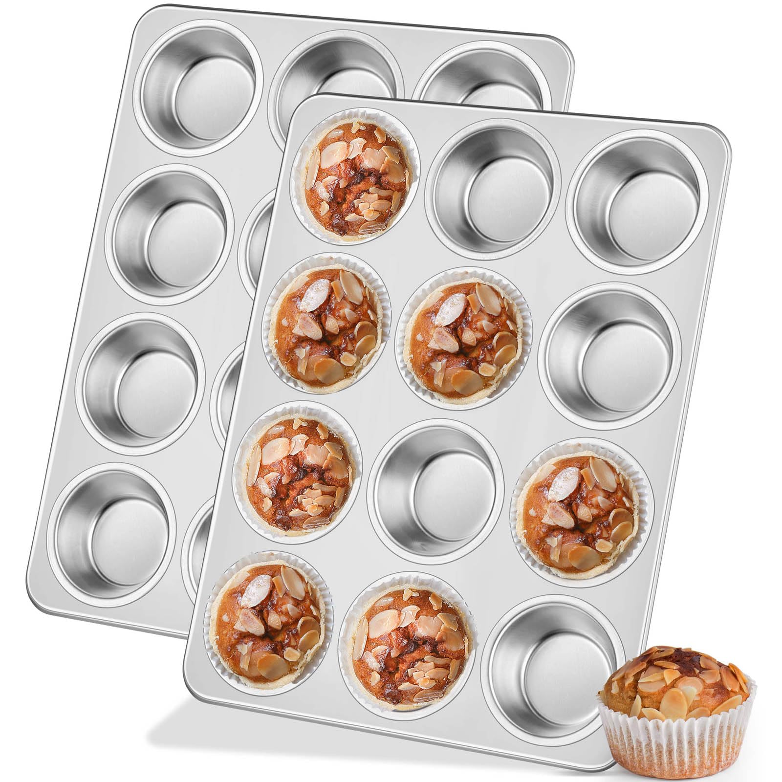 Leonyo 2 Pack 12-Cup Muffin Pans, Stainless Steel Standard Size Cupcake Pans Tray for Baking, Metal Non-Toxic Muffin Tins, Dishw