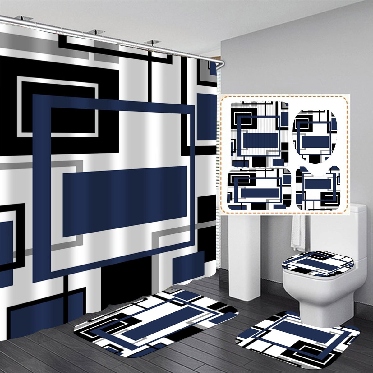 Yddsky 4 Pcs Blue Geometric Shower Curtain Sets With 12 Hooks Non-Slip Rugs U-Shaped Bath Mat, Toilet Cover, Abstract Geometric